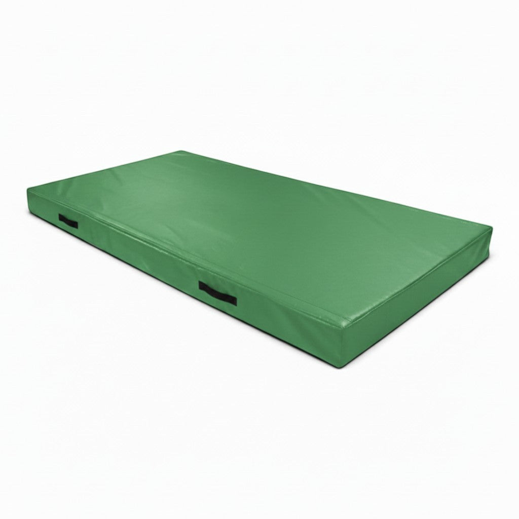 UK Gym Pits green PVC push-on safety mat for trampolines with side carry handles and flame retardant foam core