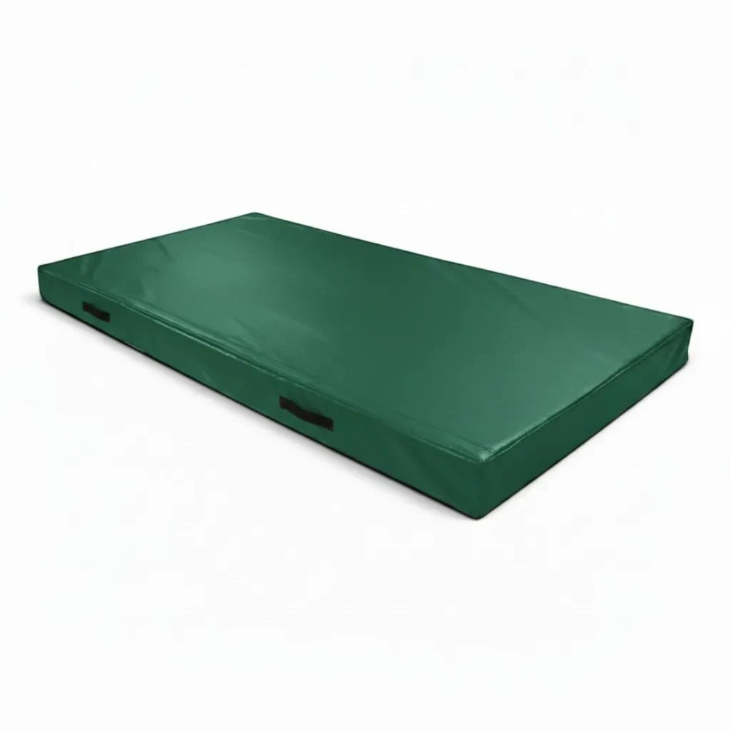 UK Gym Pits green FIG specification push-on safety mat with side handles for trampoline landing support
