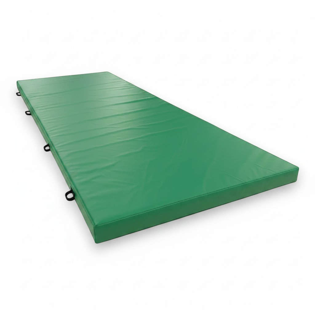 UK Gym Pits green PVC splat mat with side handles for gymnastics and martial arts landing safety