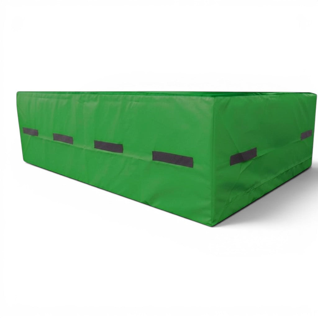 UK Gym Pits green resi foam landing pit with heavy duty handles for gymnastics, parkour, and trampoline safety.