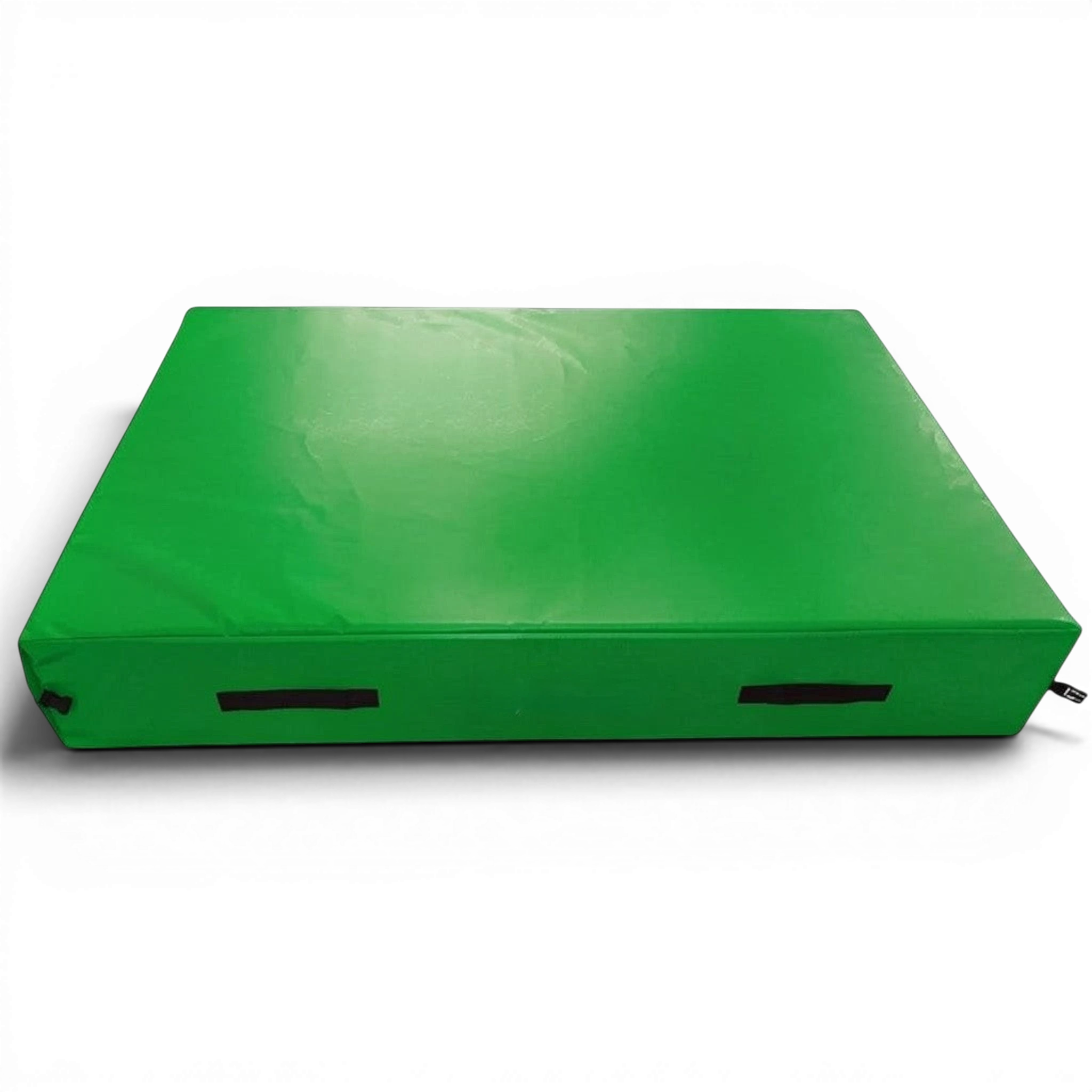 UK Gym Pits green trampoline safety crash mat with reinforced handles for gymnastics training and competition use
