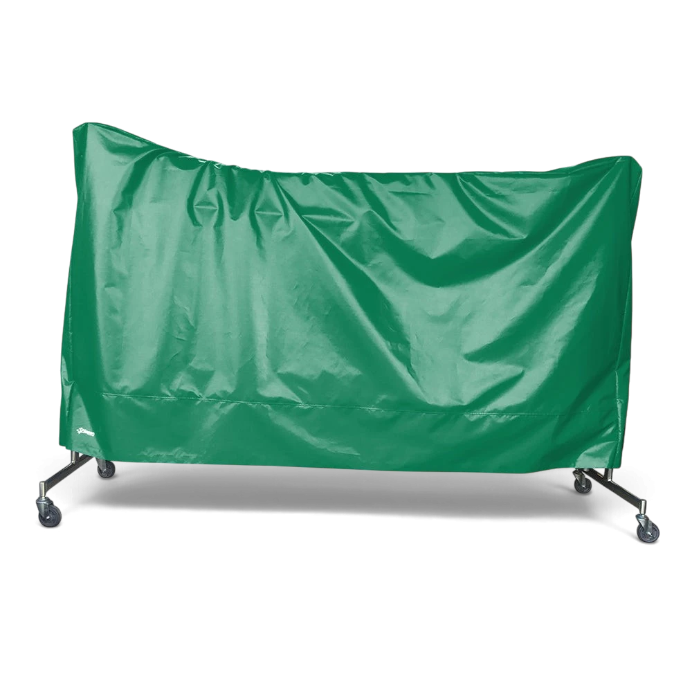 UK Gym Pits green tear-resistant PVC trampoline dust cover protecting a folded trampoline on wheels