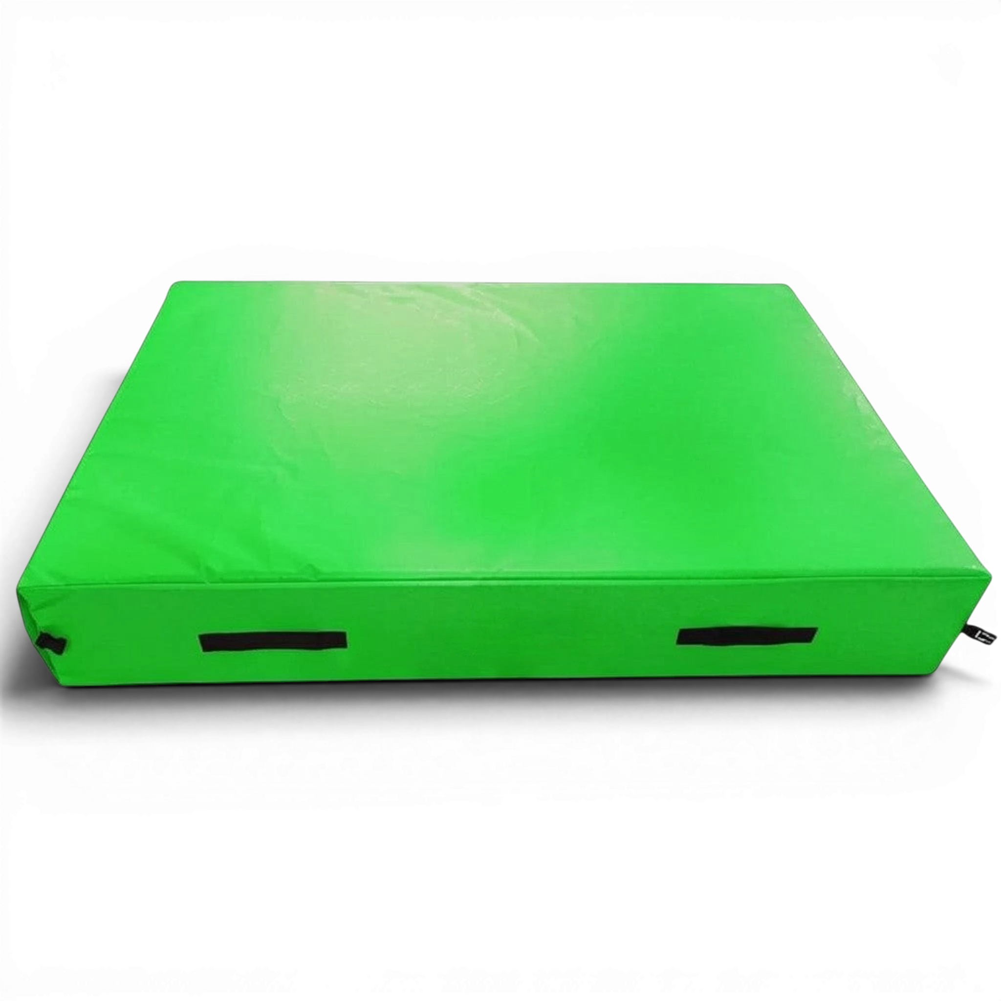 UK Gym Pits green trampoline end safety crash mat with reinforced handles and anti-slip base for gymnastics training.