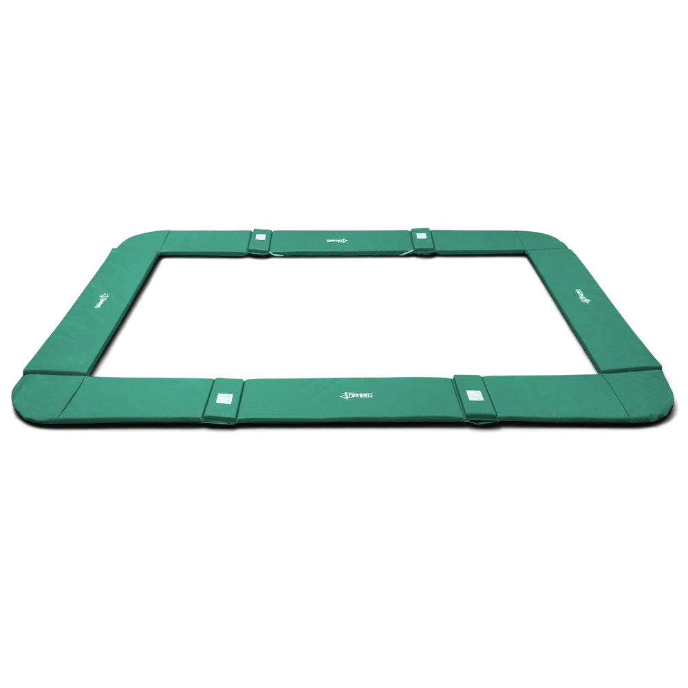 UK Gym Pits green PVC foam coverall frame pads for a junior trampoline with elasticated attachment straps