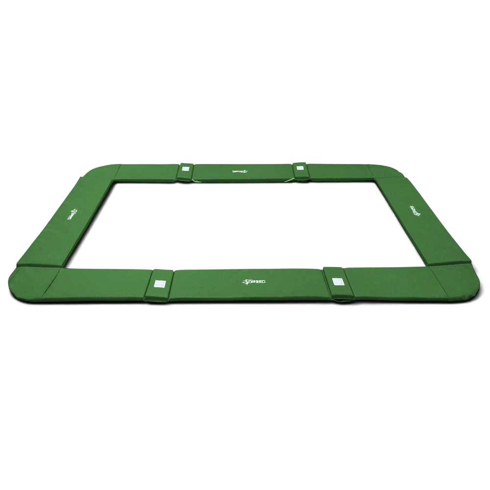 UK Gym Pits green foam and PVC replacement coverall frame pads for a junior trampoline on a black background.