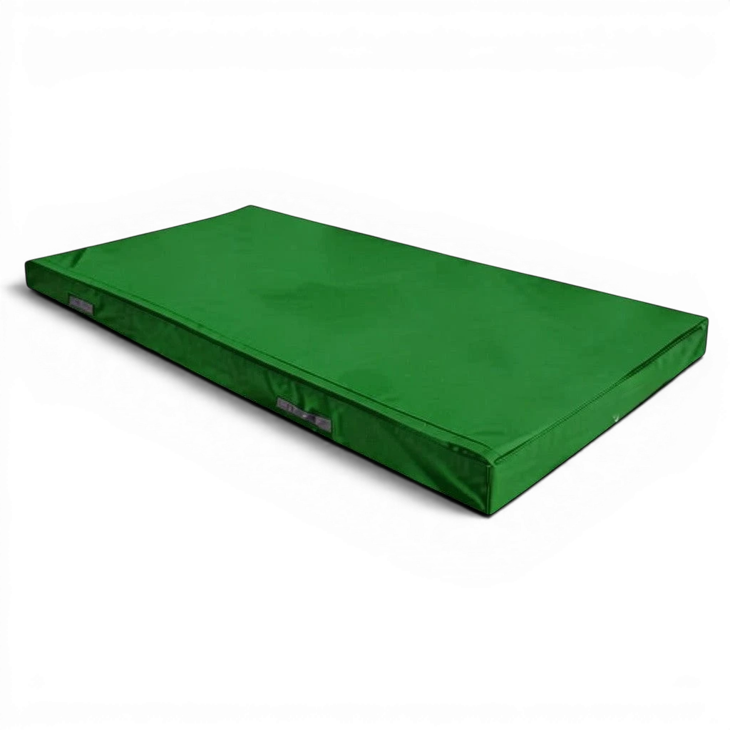 UK Gym Pits green FIG specification trampoline push-on safety mat with side handles and durable PVC cover.