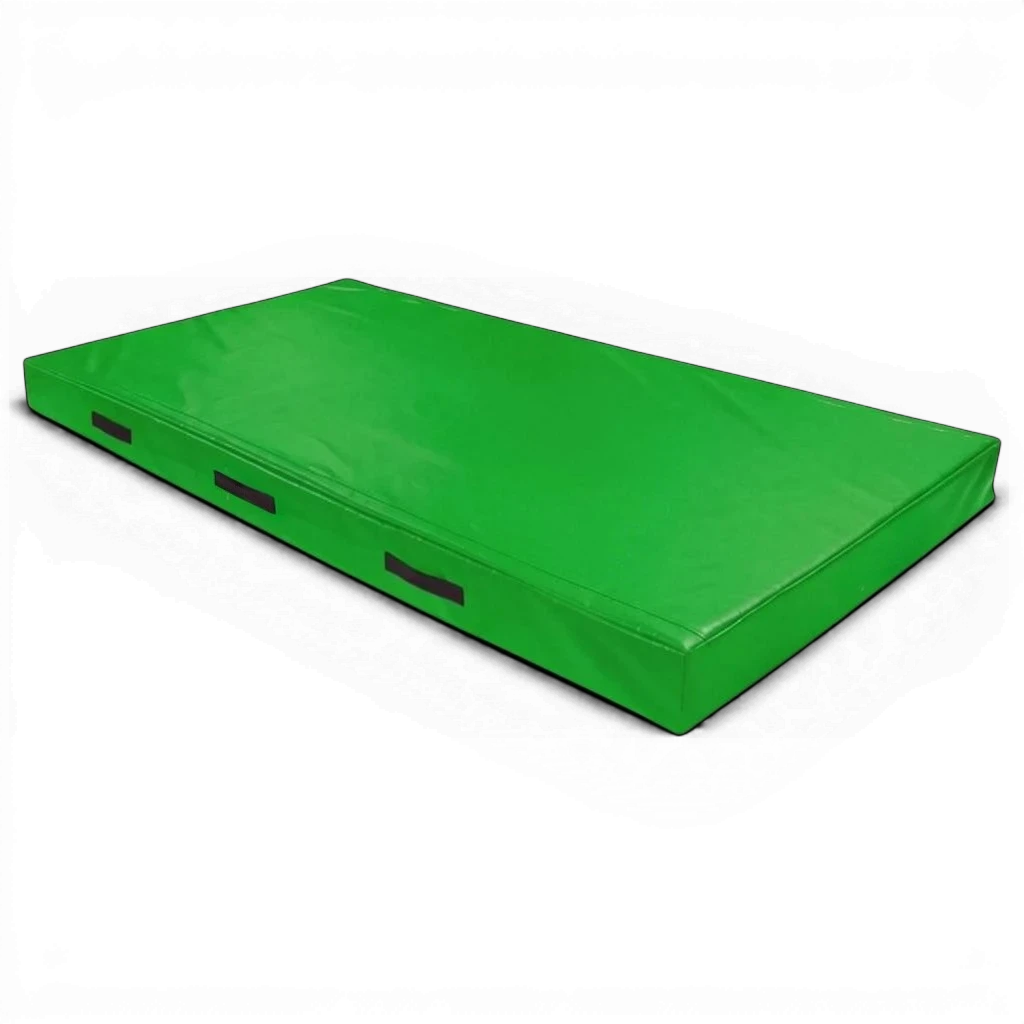 UK Gym Pits green rectangular trampoline push-on safety mat with reinforced PVC cover and side carry handles.