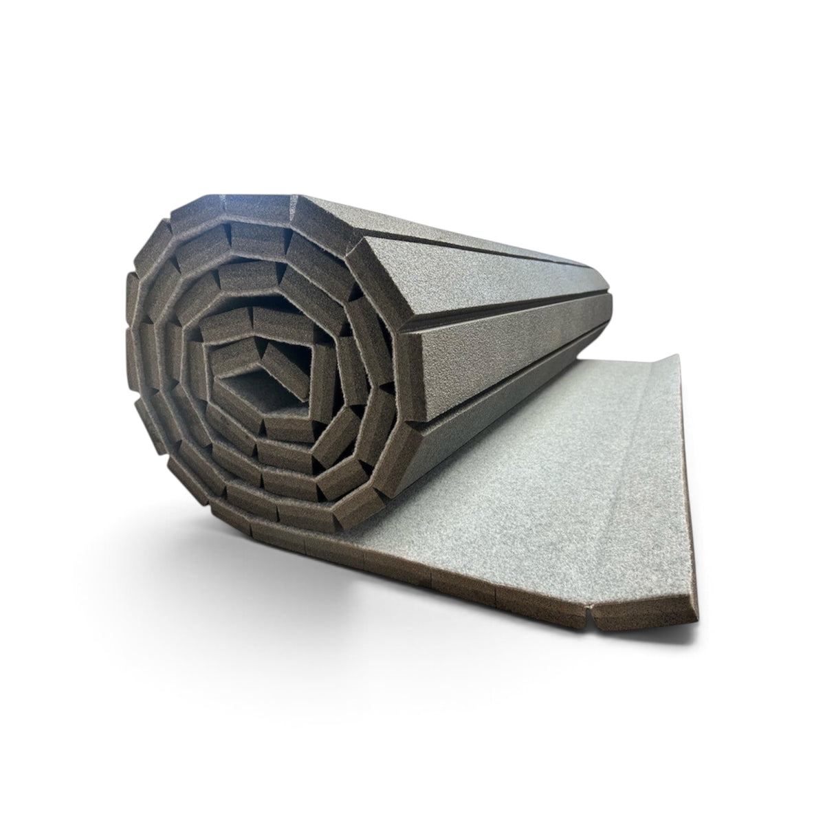 UK Gym Pits grey flexi carpet mat roll for gymnastics, featuring shock-absorbing XPE foam and a durable carpet surface.