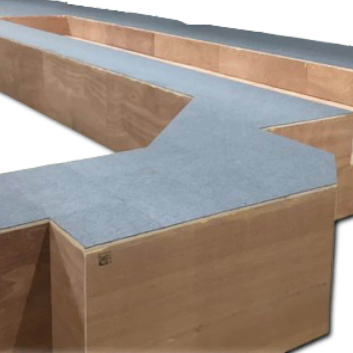 UK Gym Pits grey carpet tiles installed on a wooden podium structure for gym access steps and flooring