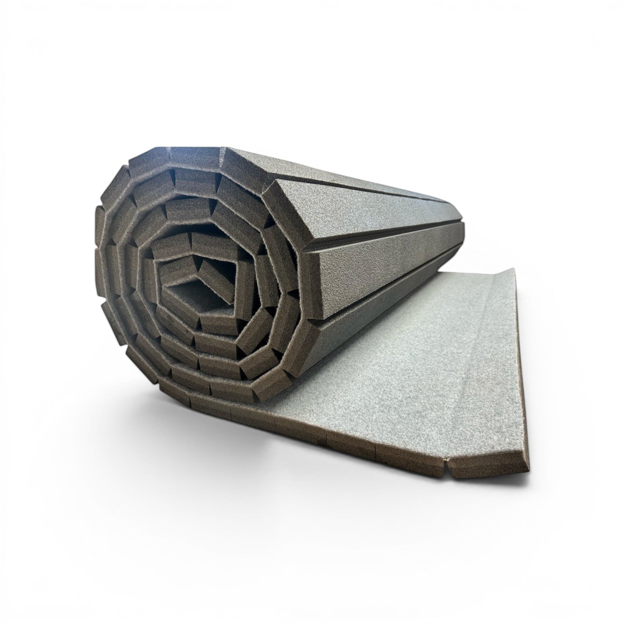 UK Gym Pits grey flexi carpet mat roll for gymnastics featuring shock-absorbing XPE foam and a durable carpet surface.