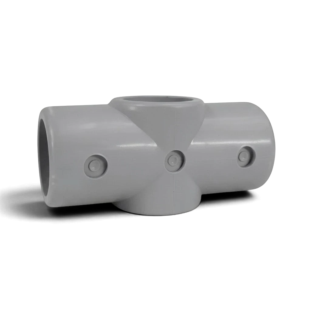 UK Gym Pits grey GRP 4-way middle cross connector for handrail systems, made of durable glass reinforced plastic.