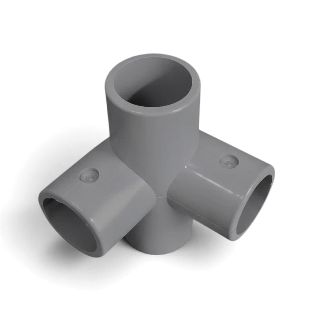 UK Gym Pits grey GRP 4-way middle corner connector for handrail systems, made of durable glass reinforced plastic.