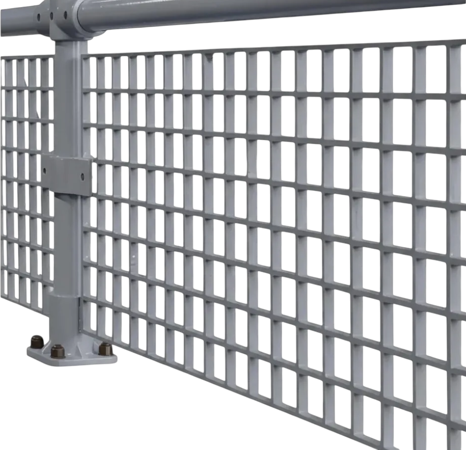 UK Gym Pits grey GRP handrail system with adjustable swivel bend connector and square mesh safety panel