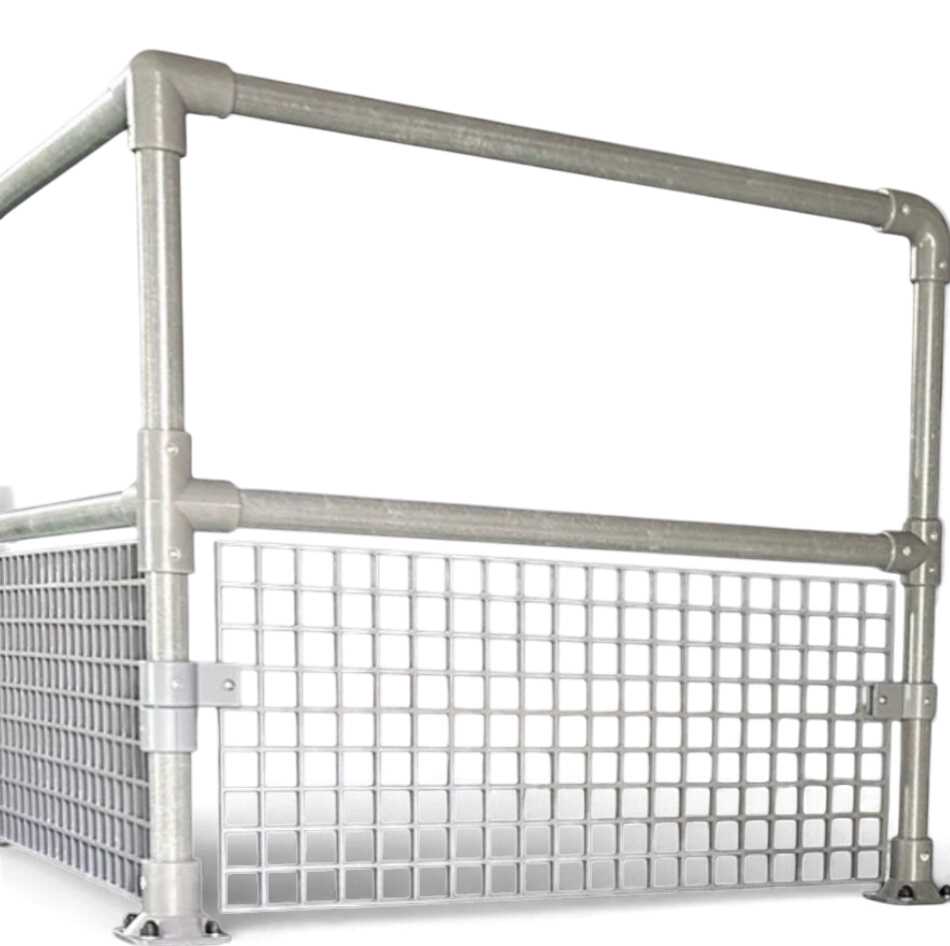 UK Gym Pits grey GRP mesh safety panel installed on a metal handrail system for fall protection