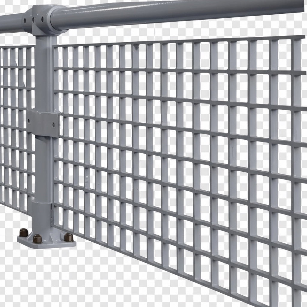 UK Gym Pits grey GRP mesh safety panel installed on a handrail system for fall protection in gym environments.