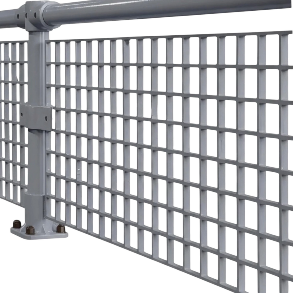 UK Gym Pits grey GRP adjustable swivel bend connector installed on a safety handrail system with mesh paneling.