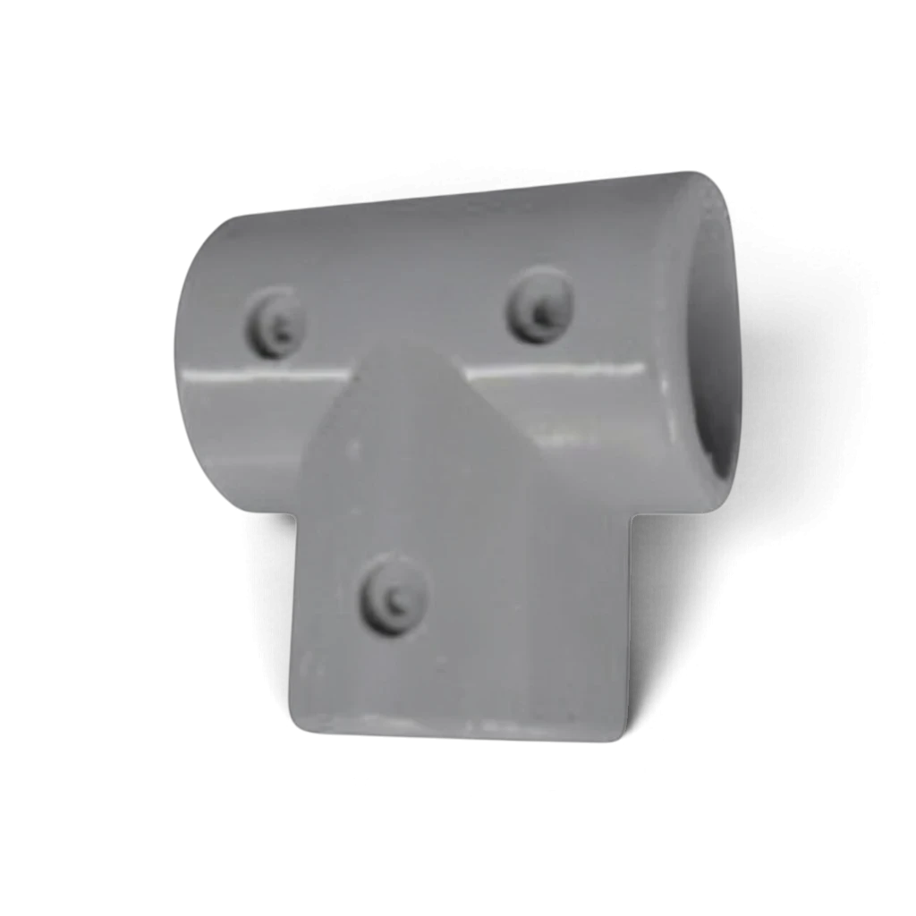 UK Gym Pits grey 3-holed GRP T-piece connector for handrail systems, designed for secure rail and post assembly.