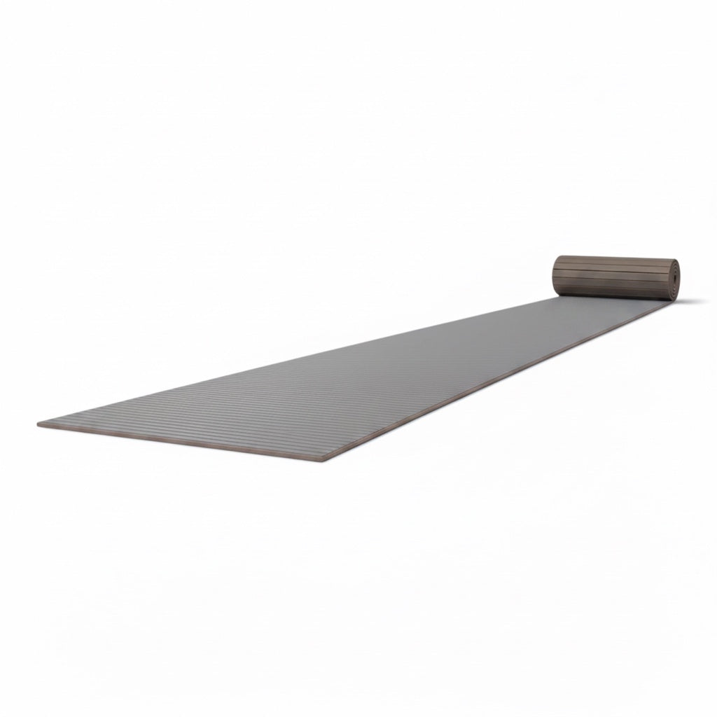 UK Gym Pits grey hybrid gymnastics mat roll with a durable tatami-textured PVC surface and shock-absorbing XPE foam.