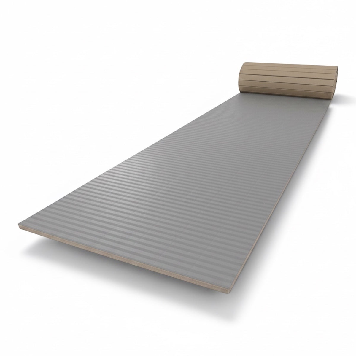 UK Gym Pits grey hybrid gymnastics mat roll with a durable tatami-textured PVC surface and shock-absorbing XPE foam.