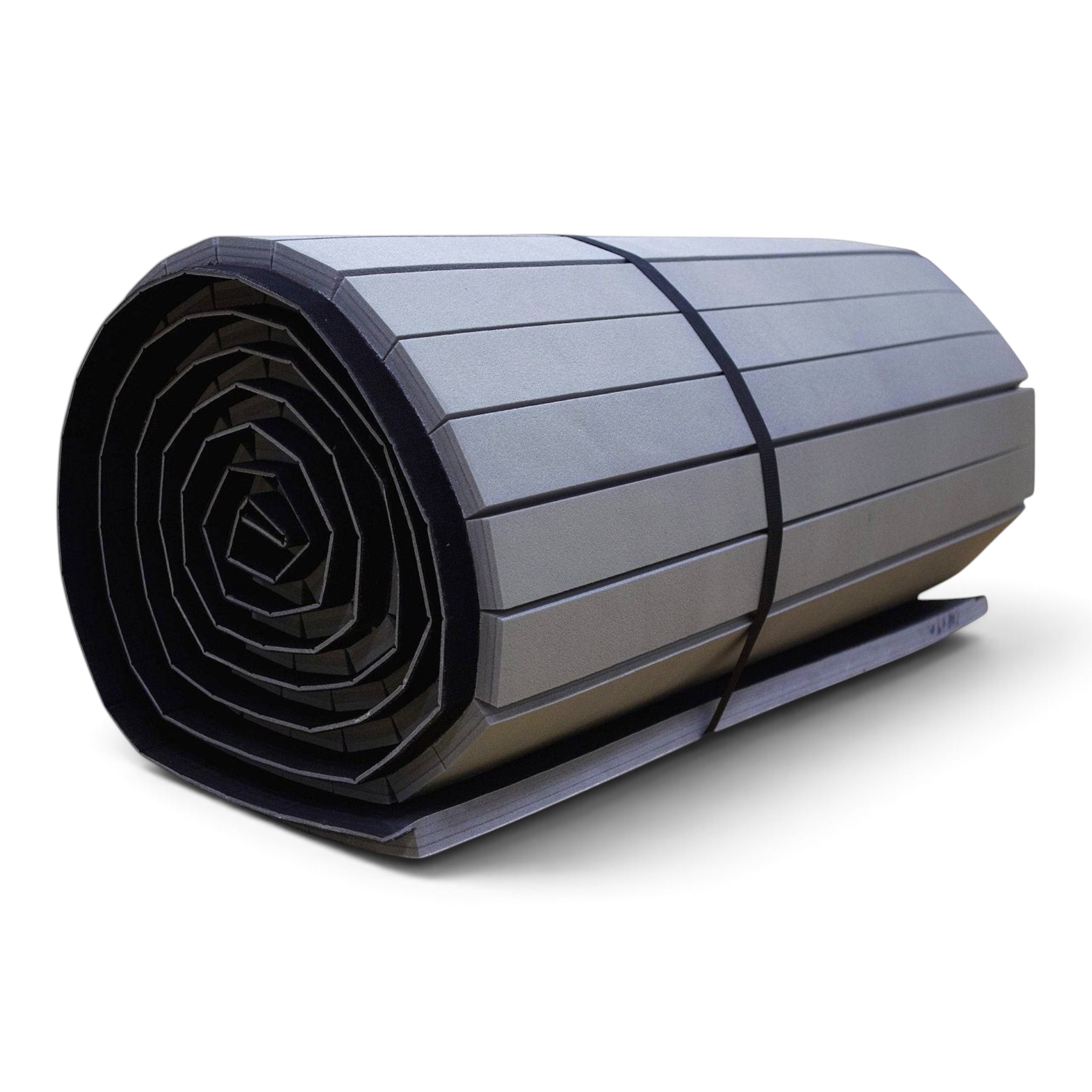 UK Gym Pits hybrid gymnastics mat roll in grey with a durable tatami-textured PVC surface and shock-absorbing foam.
