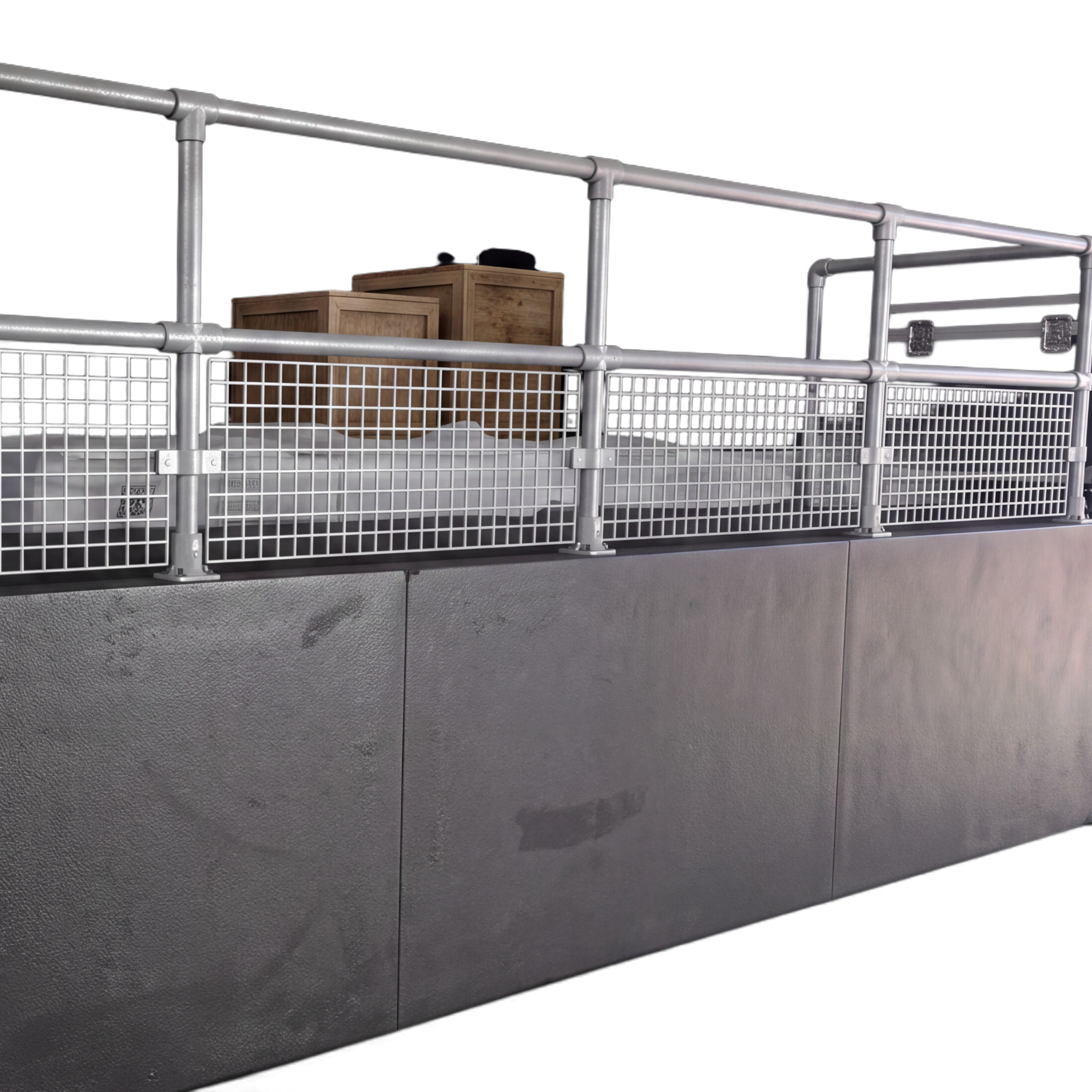 UK Gym Pits grey mesh safety panel installed on a GRP handrail system for a raised podium