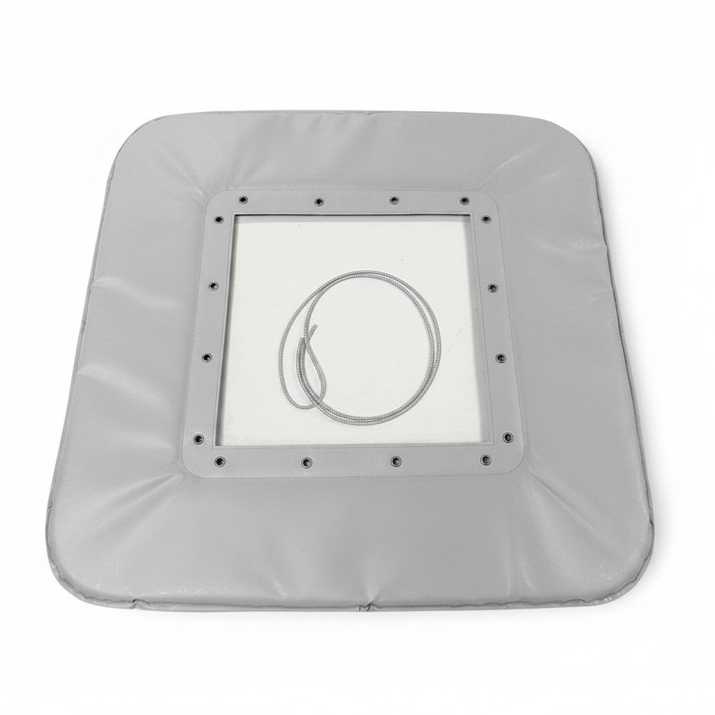 UK Gym Pits grey PVC mini trampoline replacement frame pad with lacing cord and metal eyelets on white background