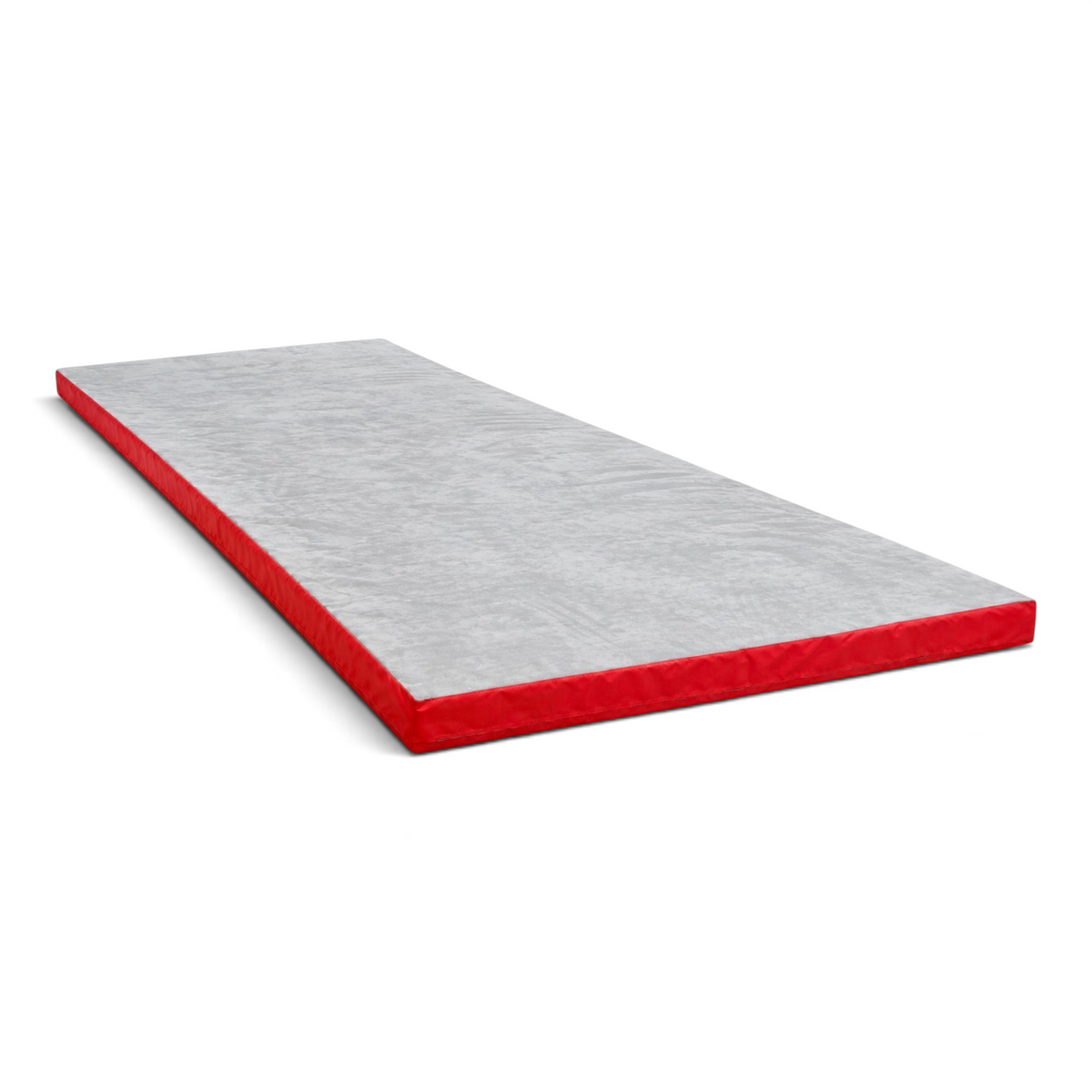 UK Gym Pits rectangular splat mat with a grey jersey fabric top and red PVC sides for gymnastics and tumbling.