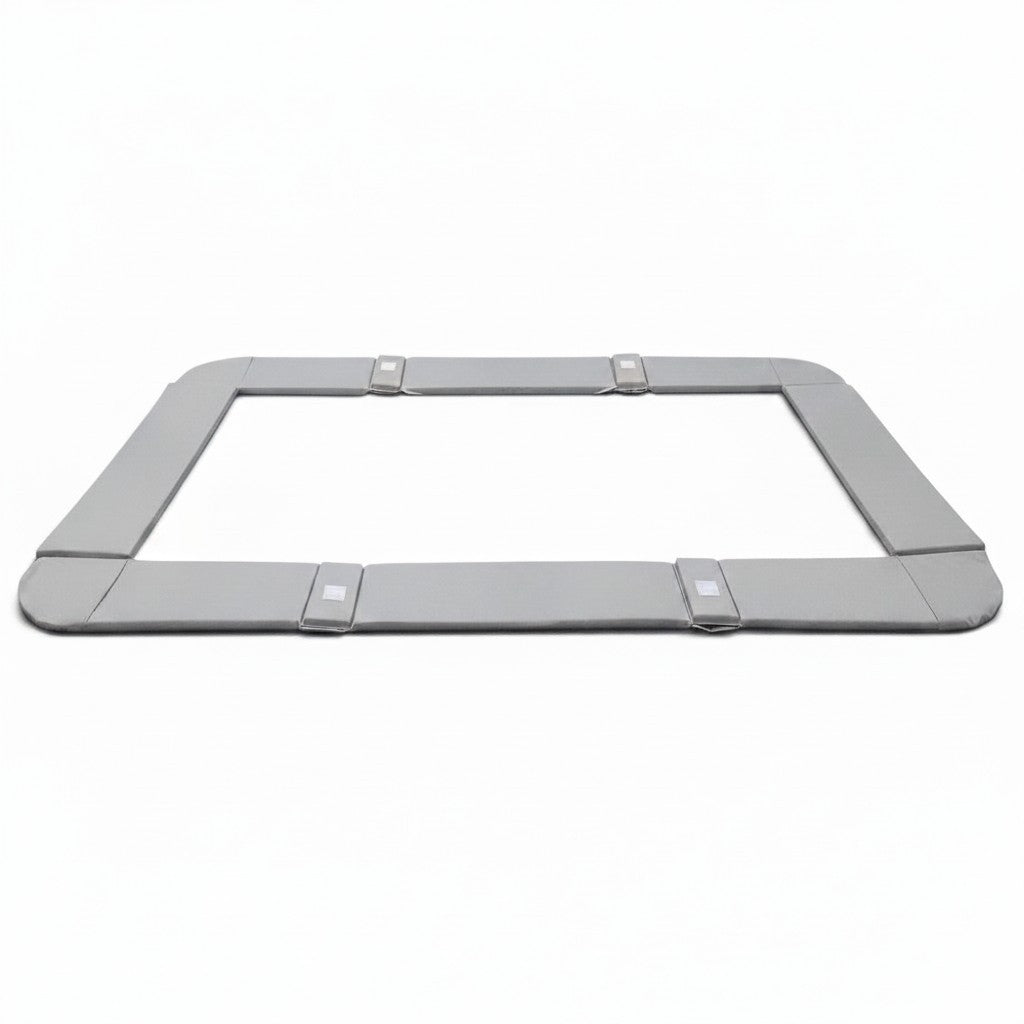 UK Gym Pits grey PVC trampoline frame pads with 2.5cm thick foam padding and velcro straps for GM and GMEX models.