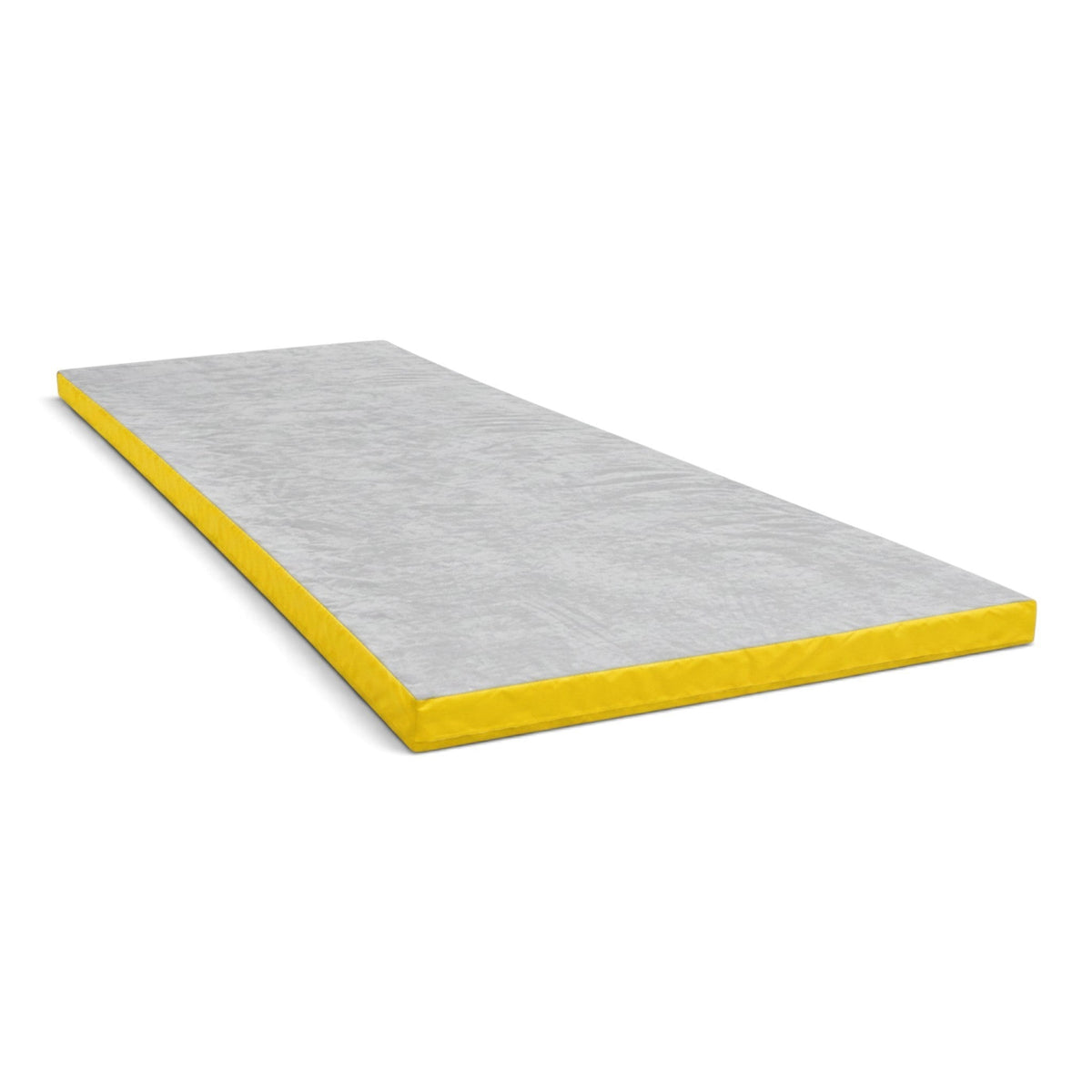 UK Gym Pits rectangular splat mat with a grey jersey top and yellow PVC sides for gymnastics and martial arts.
