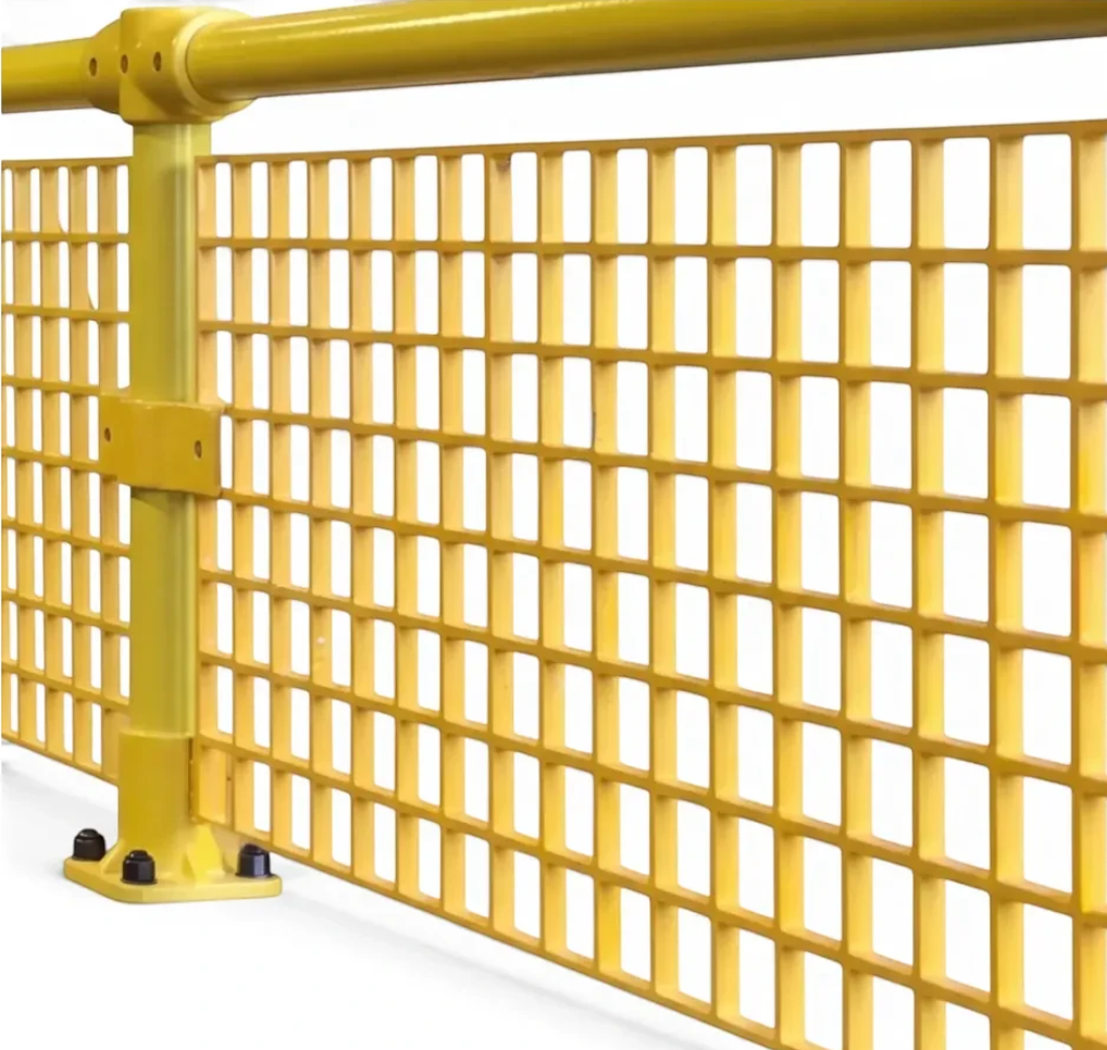 UK Gym Pits yellow GRP 4-way middle corner connector for handrail systems, featuring robust glass reinforced plastic.