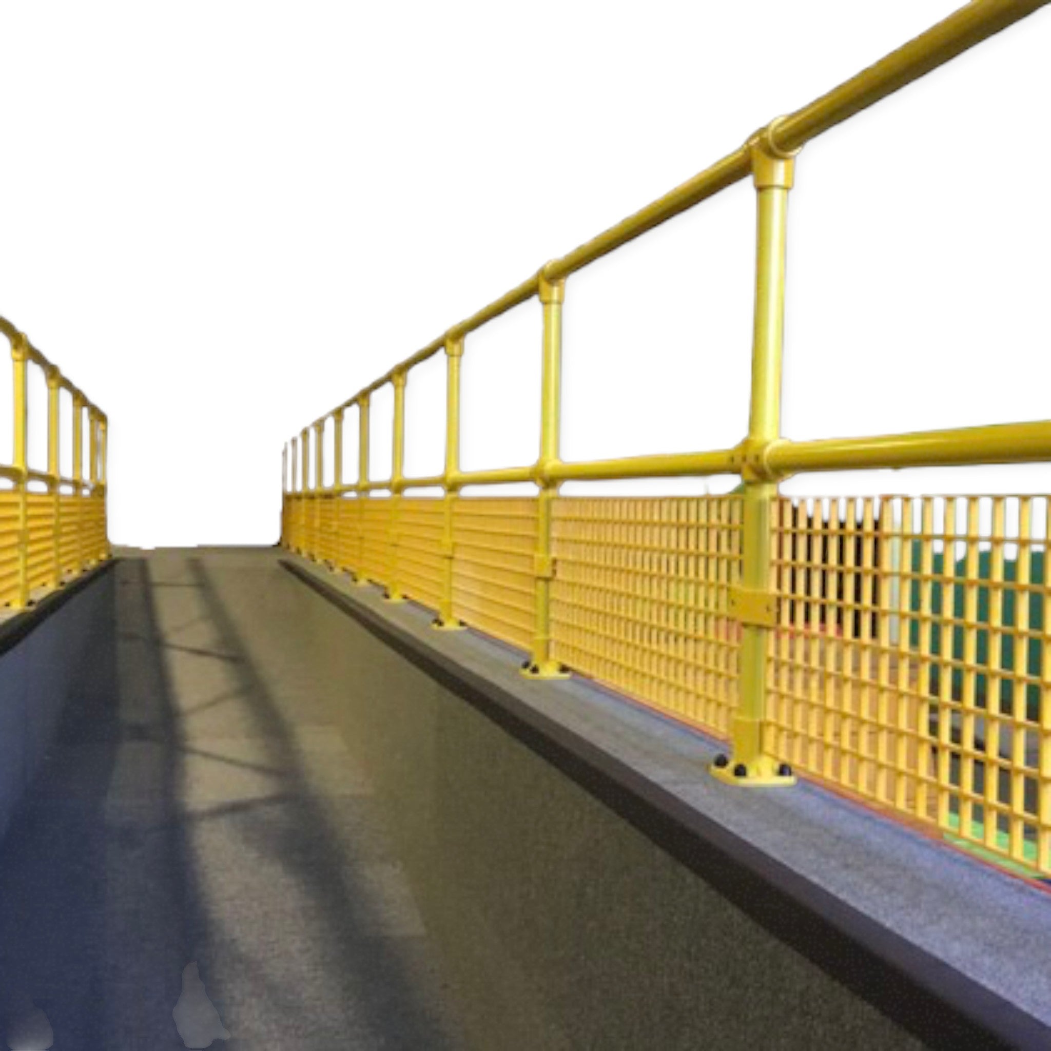 UK Gym Pits yellow GRP handrail system with middle cross 4 way connector installed on a raised pit podium walkway