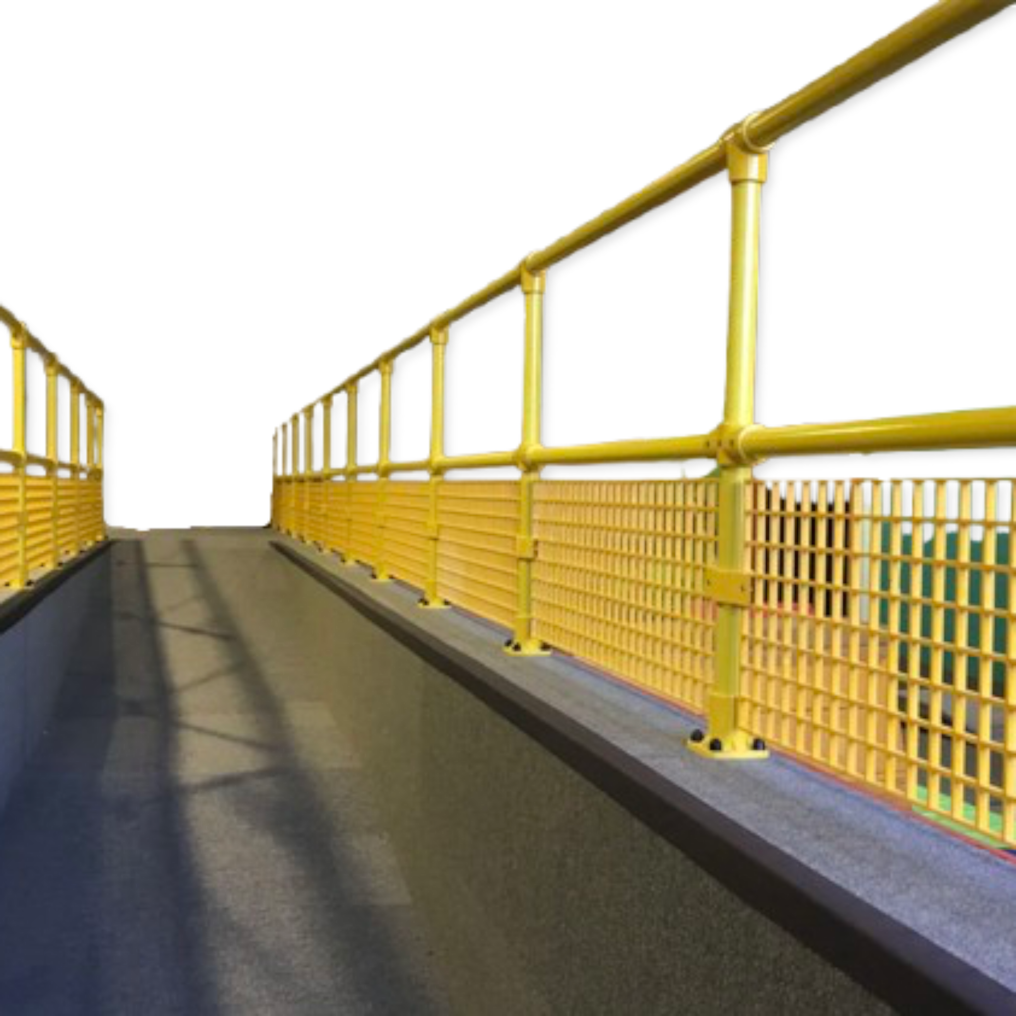 UK Gym Pits yellow GRP 4-way middle corner handrail connector installed on a safety railing system