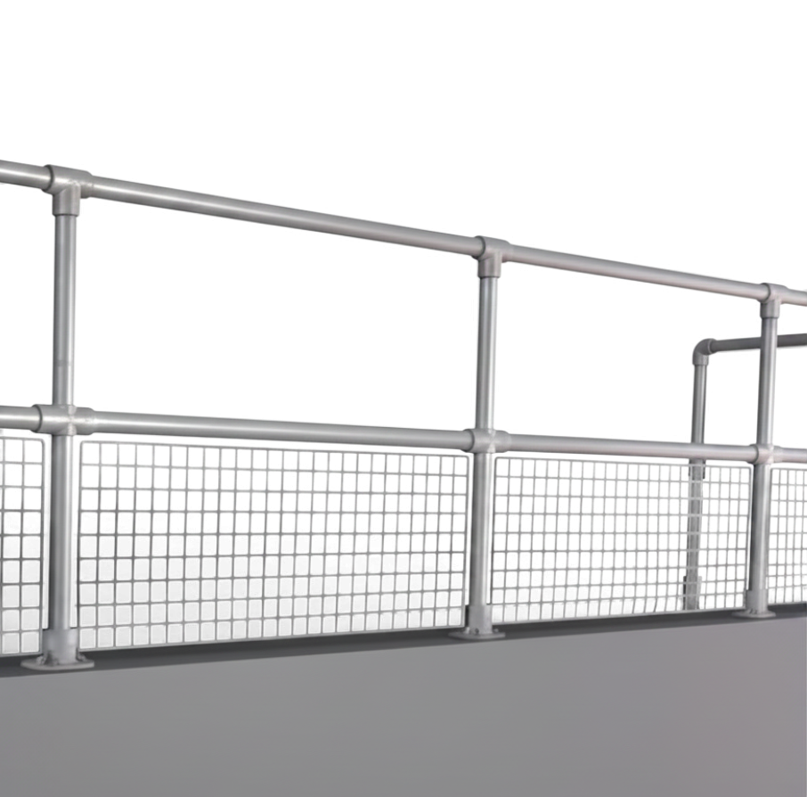 UK Gym Pits grey GRP mesh safety panel installed on a handrail system for fall protection and site safety