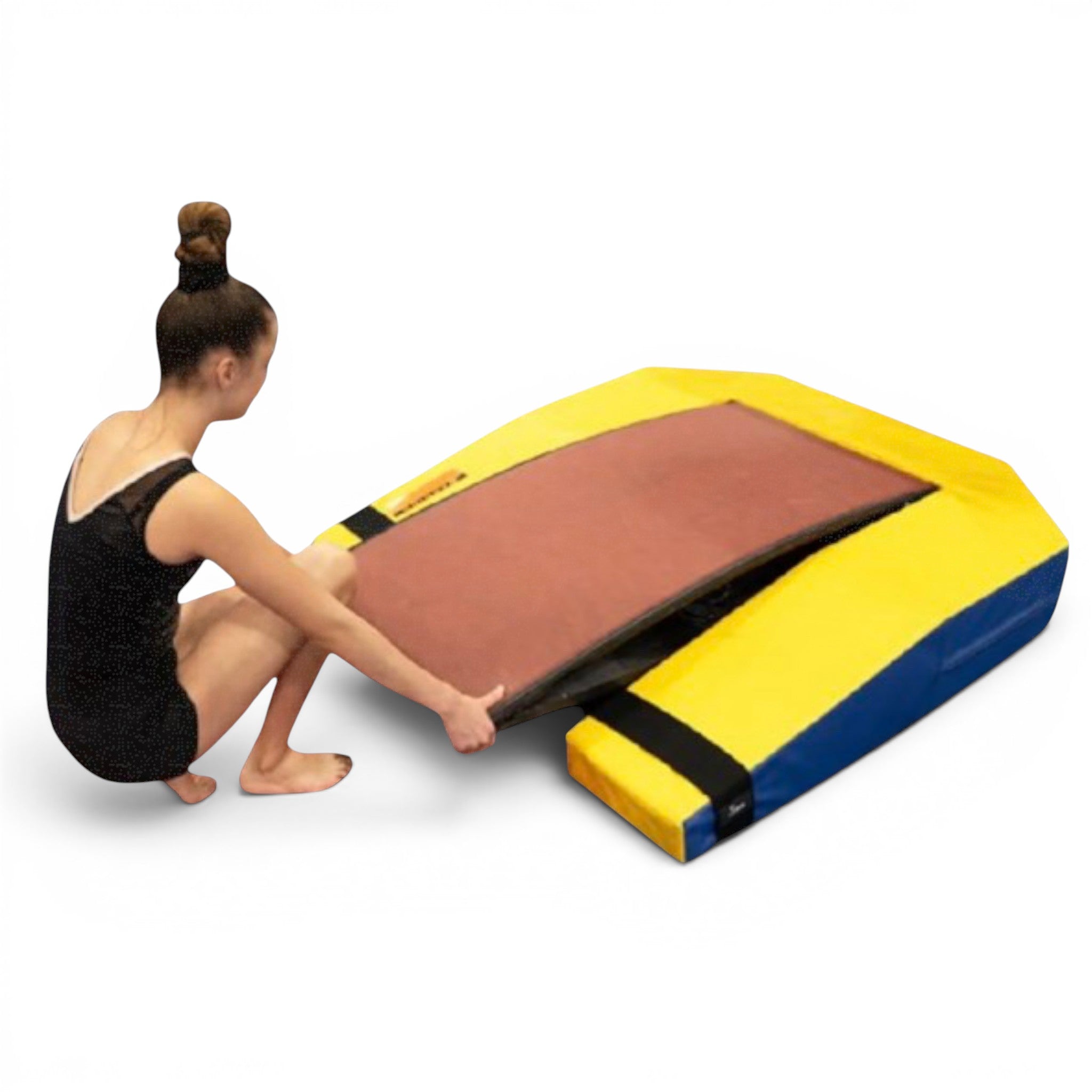 UK Gym Pits Gym Kiwis board band securing a yellow and blue gymnastics springboard surround for safe vault training