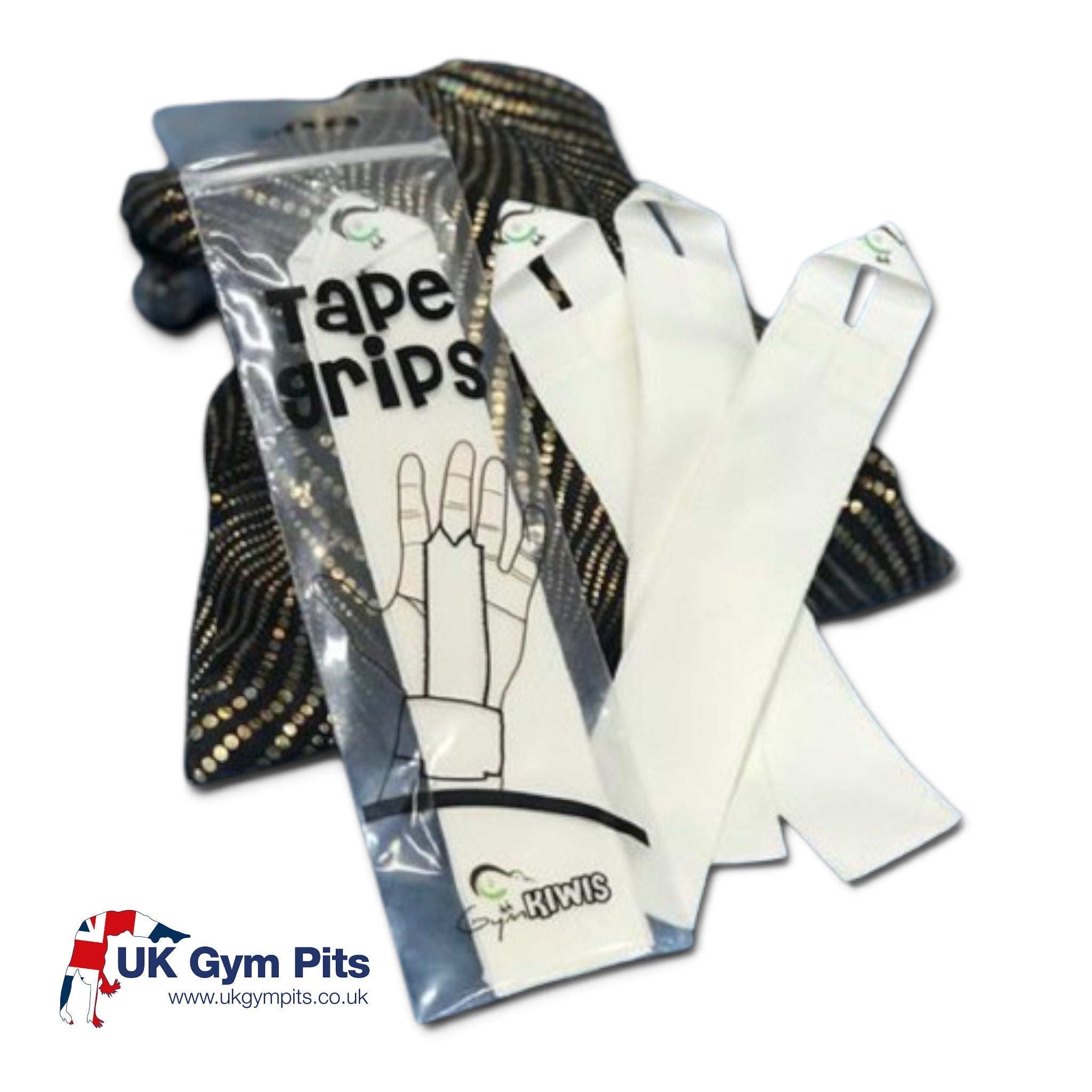 UK Gym Pits Gym Kiwis white cotton tape grips for gymnastics hand protection in packaging with loose grips