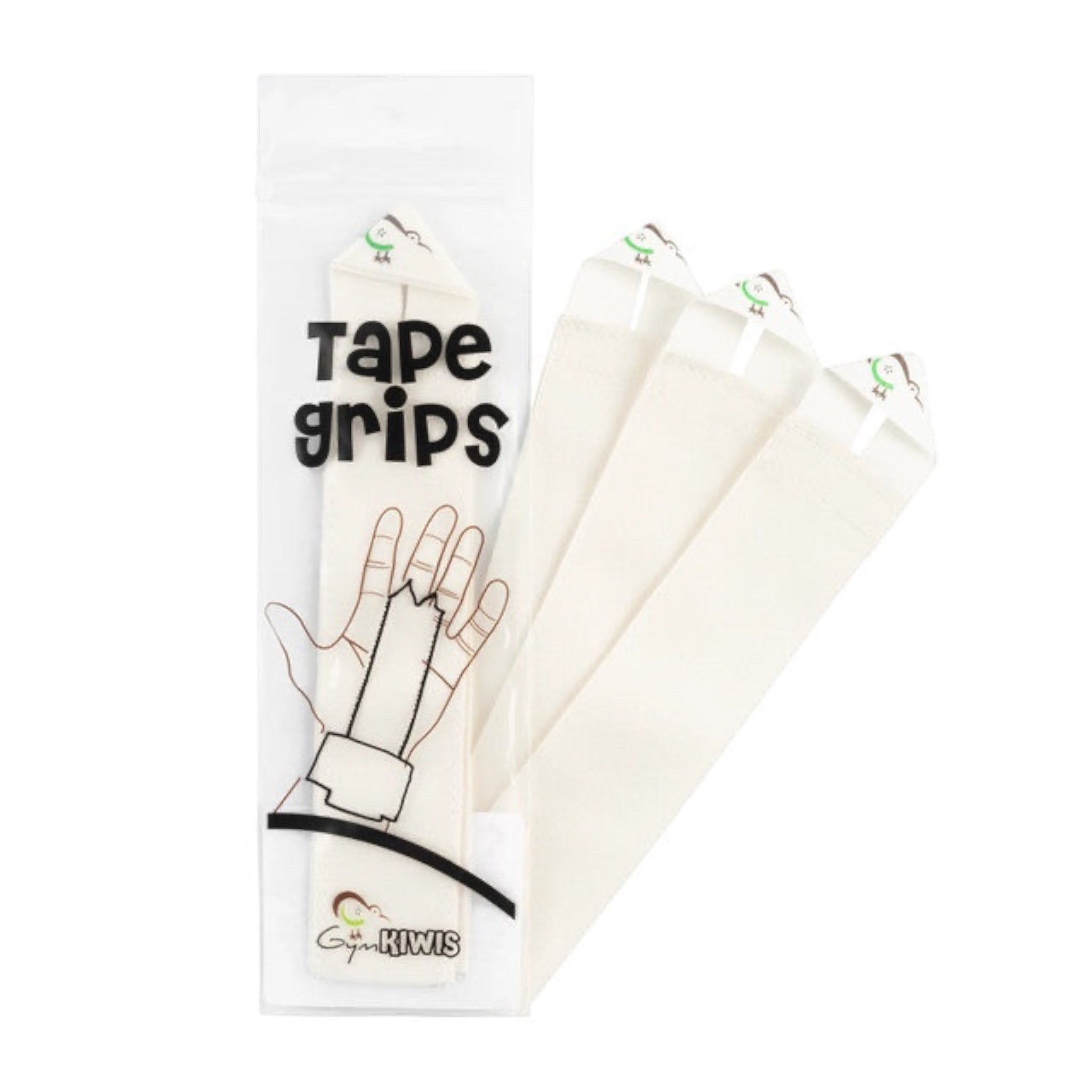 UK Gym Pits Gym Kiwis tape grips in a clear pack, featuring three soft, reusable cotton hand protection strips.