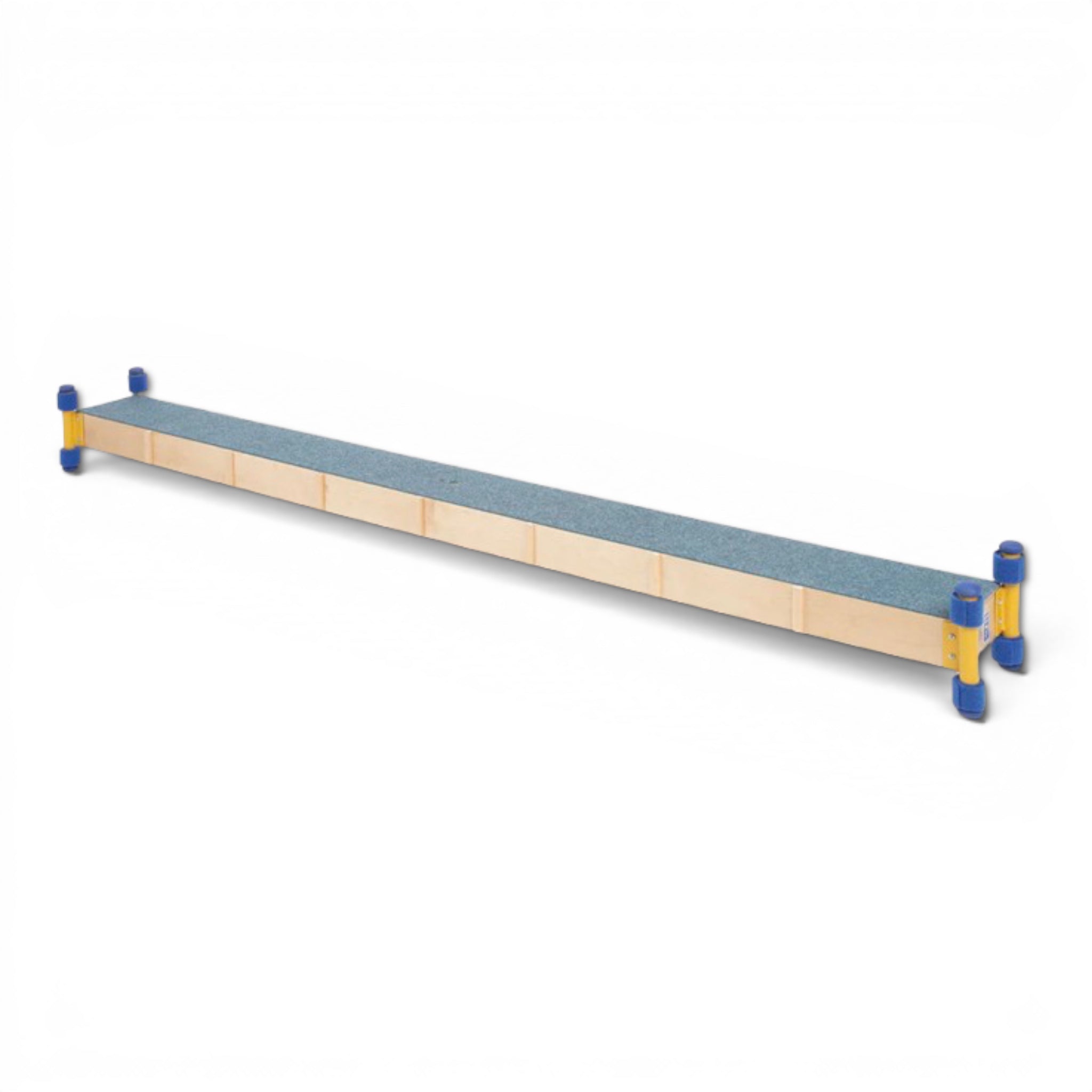 UK Gym Pits Gym Time Beam with a carpeted surface and yellow supports for children's gymnastics and balance training.