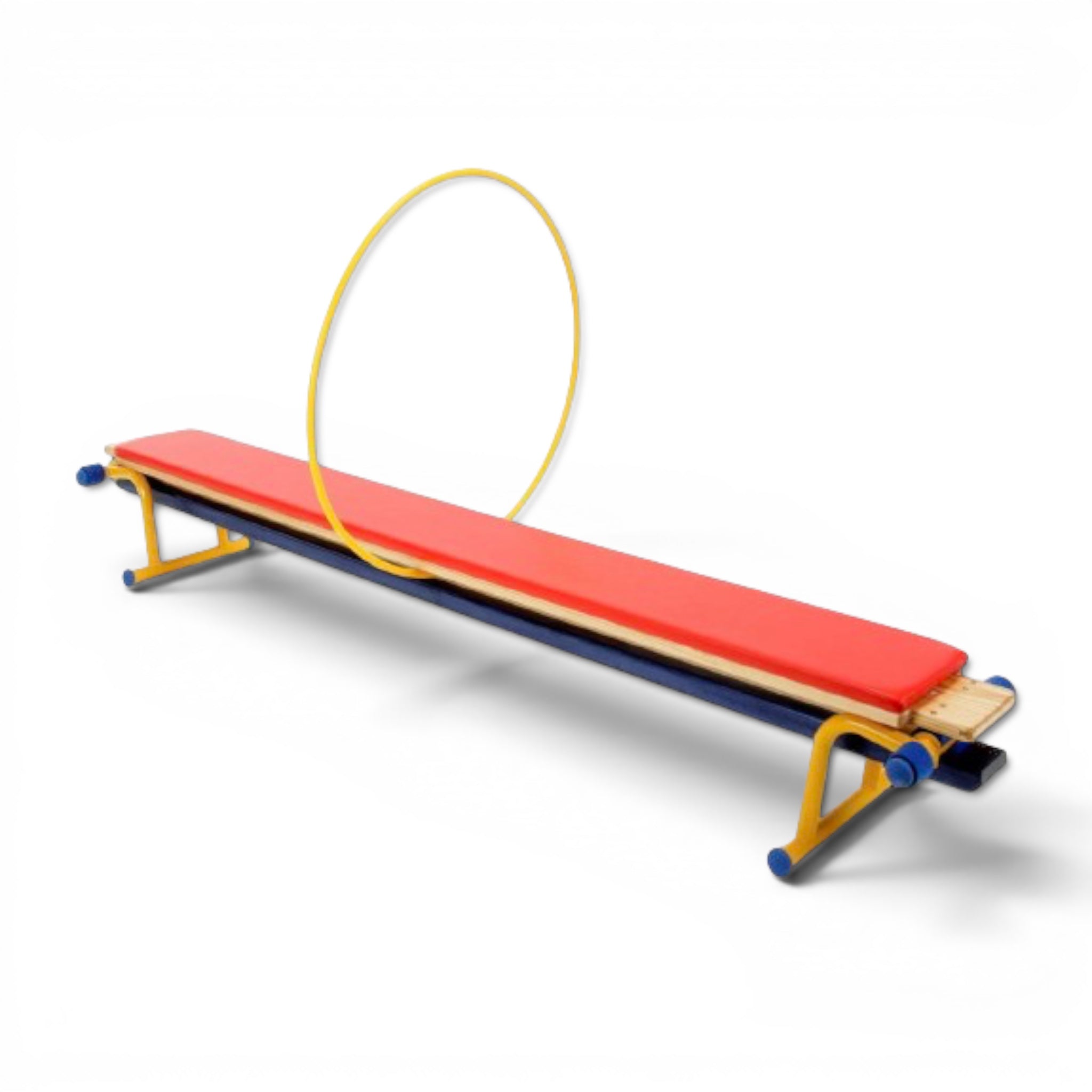 UK Gym Pits Gym Time Balance Bench with red padded top, yellow support legs, and a yellow hoop attachment.