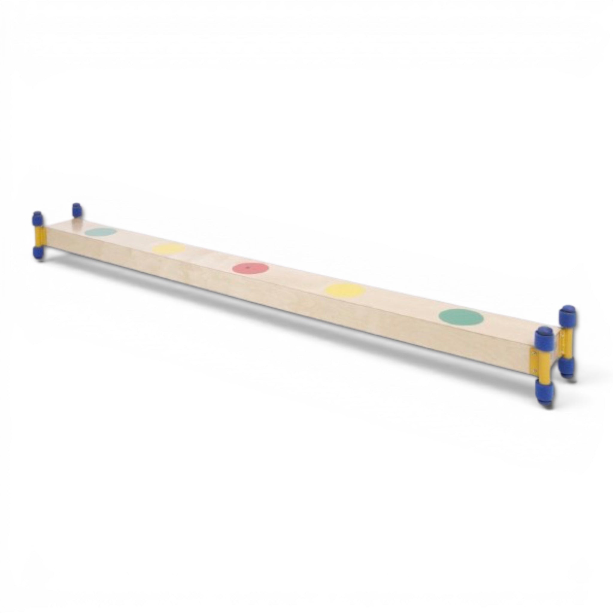 UK Gym Pits Gym Time Beam with colourful circles on a natural timber surface for children's balance training