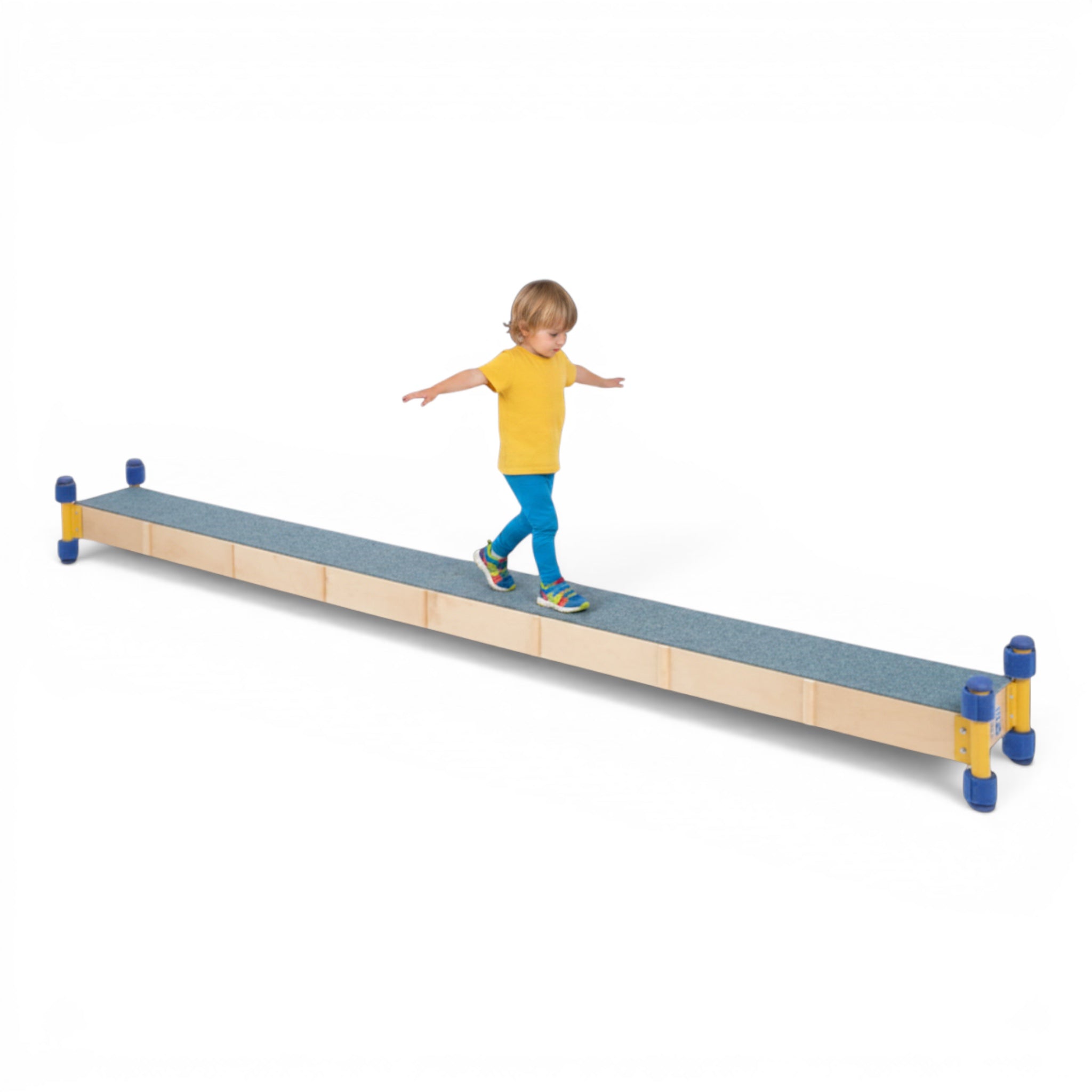 UK Gym Pits Gym Time Beam with a child balancing on the carpeted surface in a studio setting