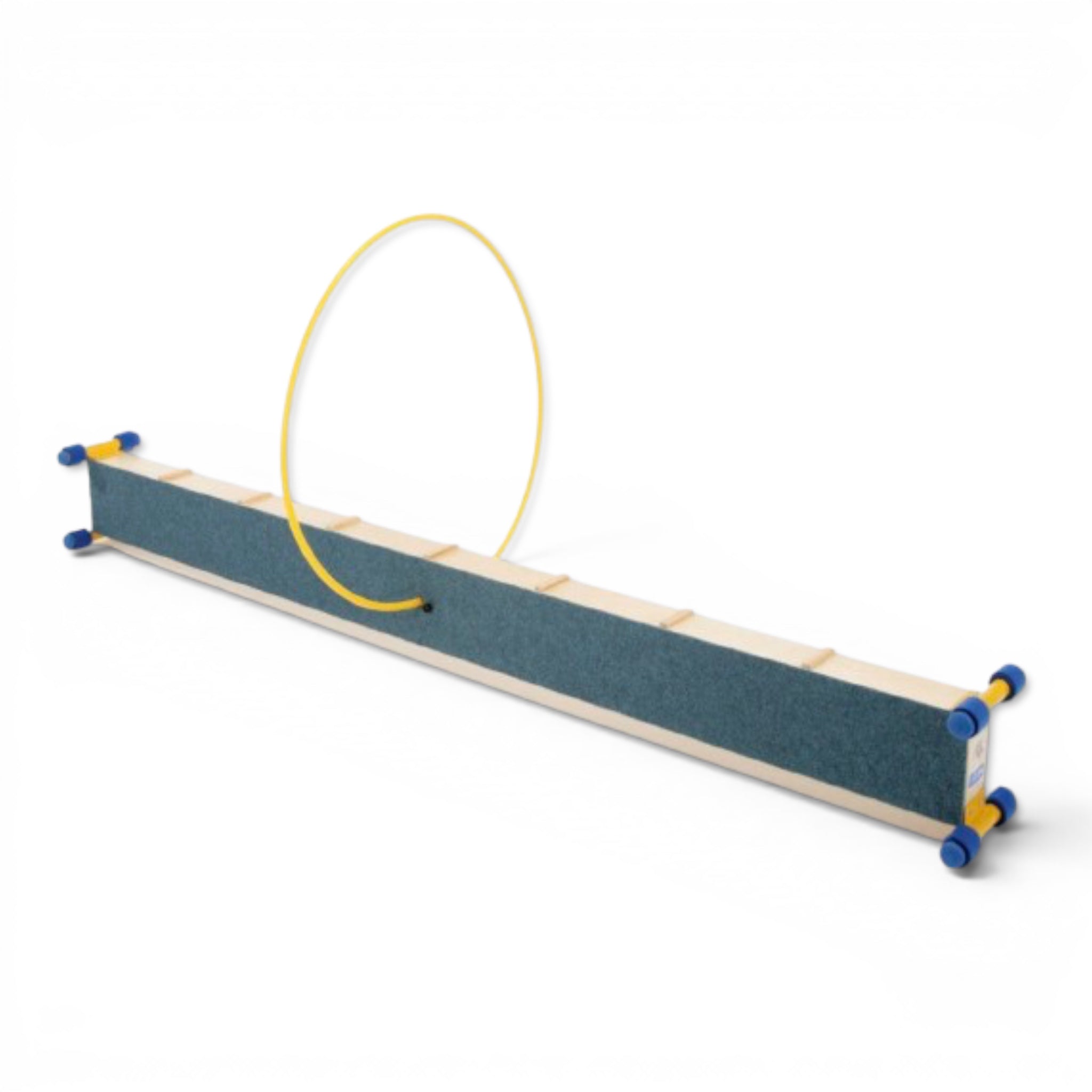 UK Gym Pits Gym Time Beam with carpeted surface and yellow hoop attachment for children's balance and agility training