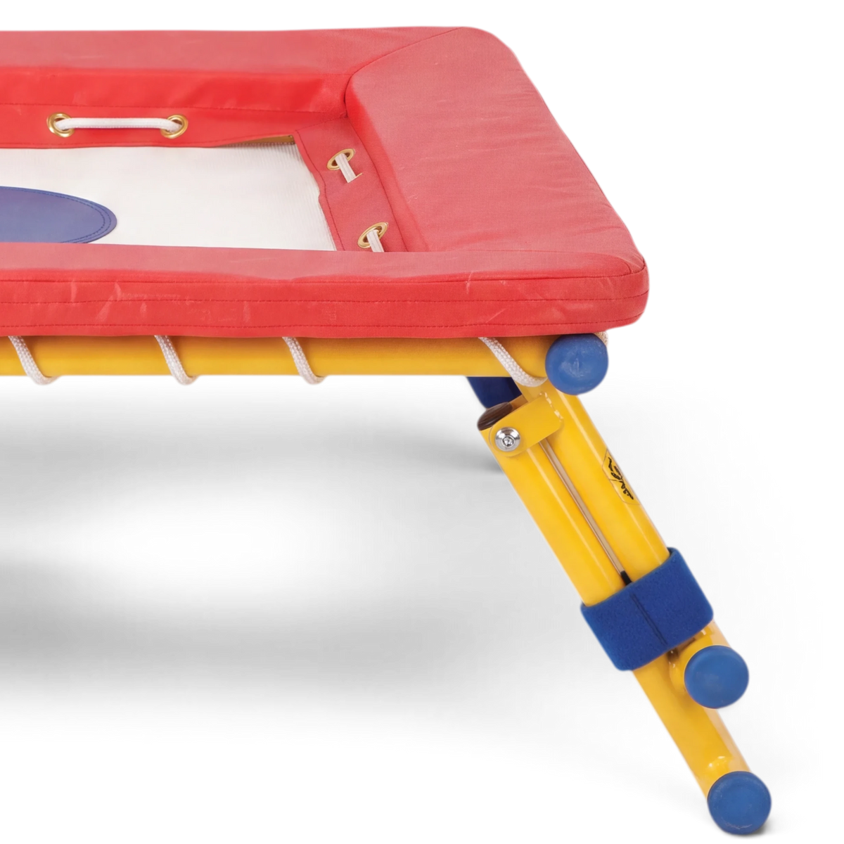 UK Gym Pits Gym Time Bouncer with a white bed, red foam padding, and adjustable yellow steel frame for kids.