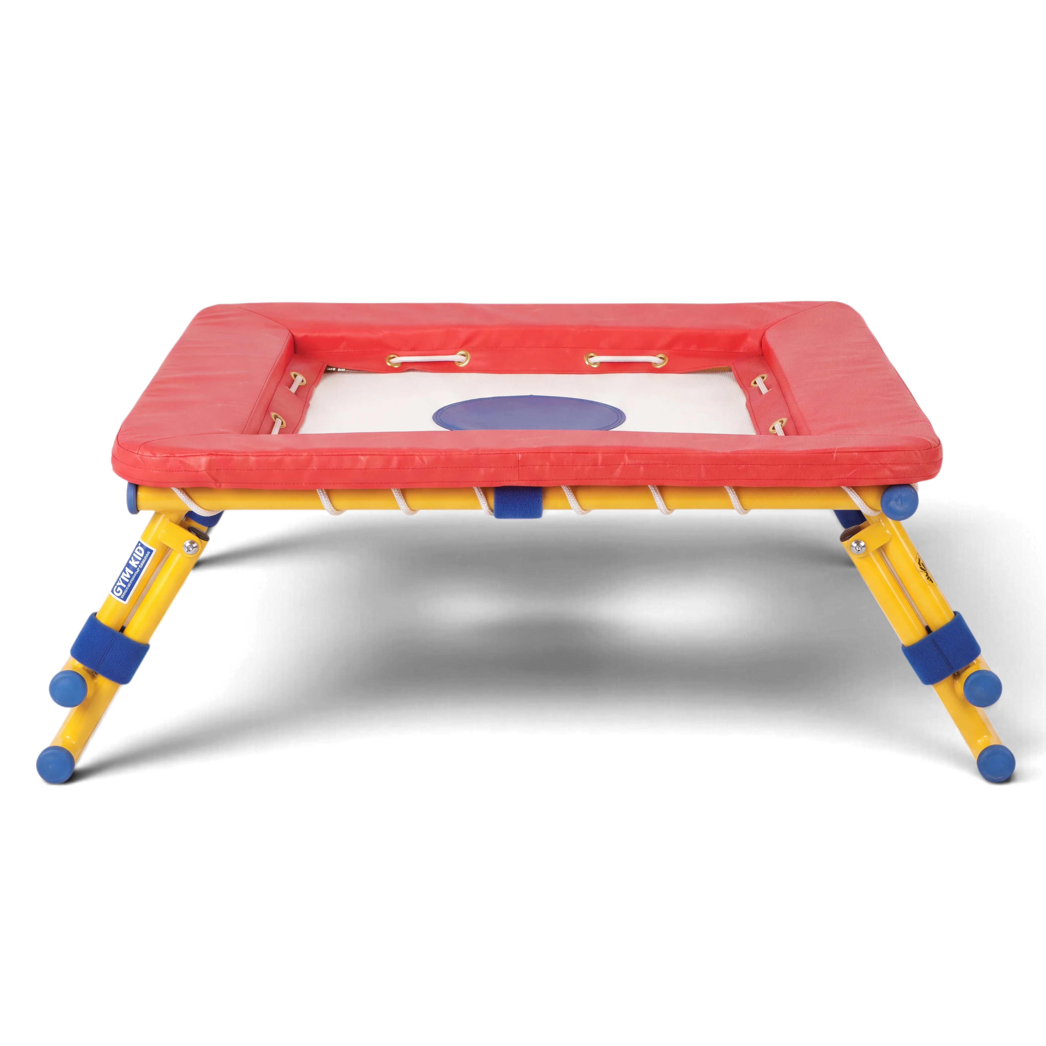 UK Gym Pits Gym Time Bouncer with a white jumping bed, red foam padding, and yellow steel frame on a black background
