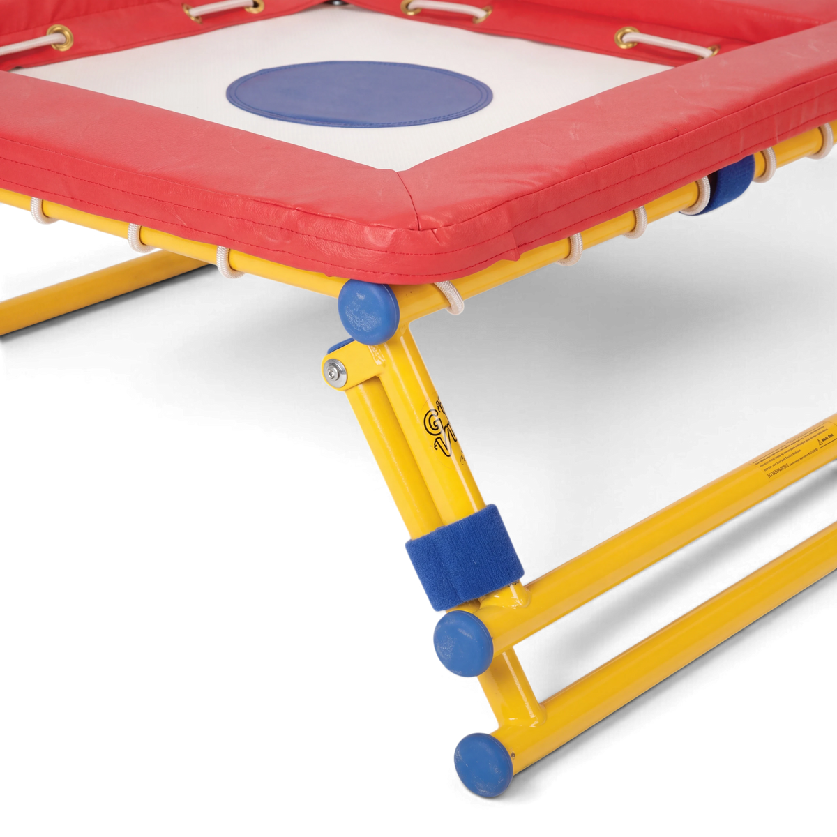 UK Gym Pits Gym Time Bouncer with yellow steel frame, red foam padding, and white jumping bed for children.