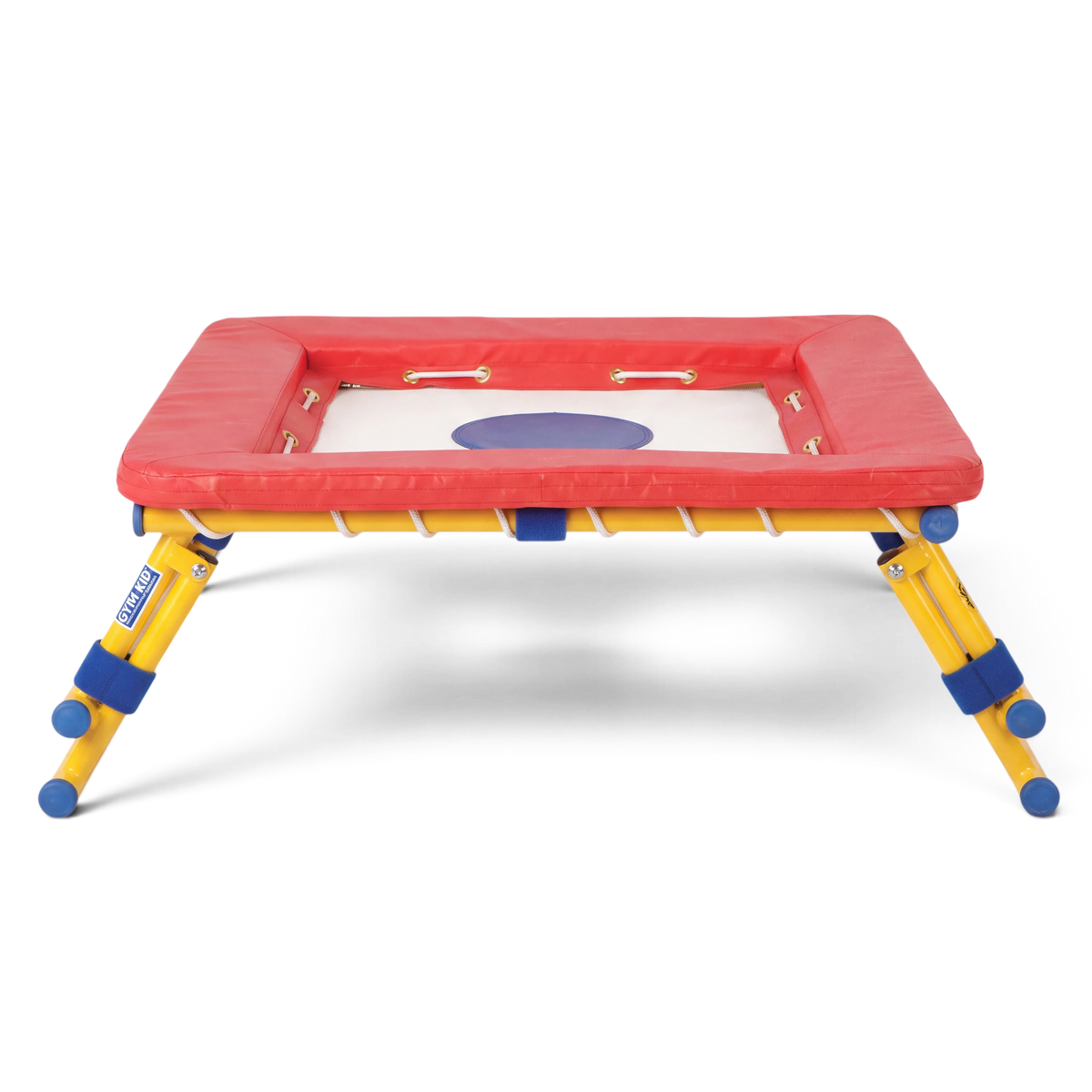 UK Gym Pits Gym Time Bouncer with a white jumping bed, red foam padding, and a yellow steel frame for children.