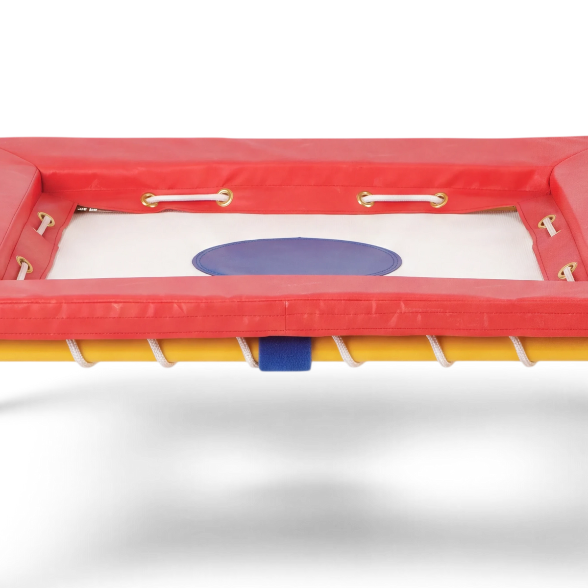 UK Gym Pits Gym Time Bouncer with a white jumping bed, blue center target, and protective red foam padding.