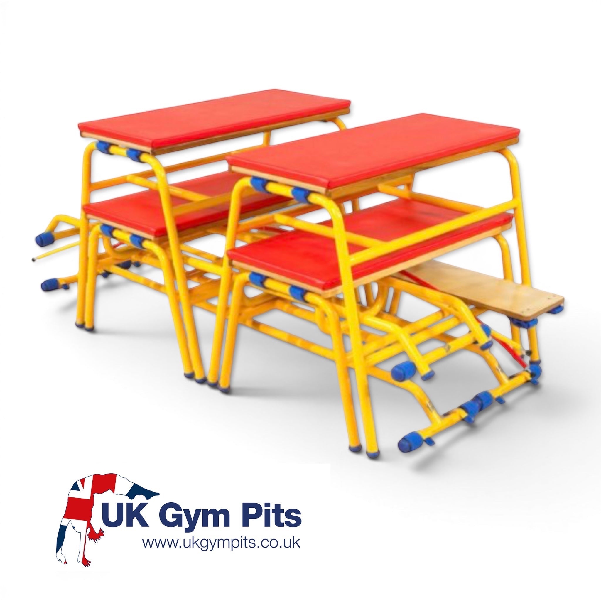 UK Gym Pits Gym Time Pack Mini featuring yellow metal trestles with red padded tops and timber finish planks.