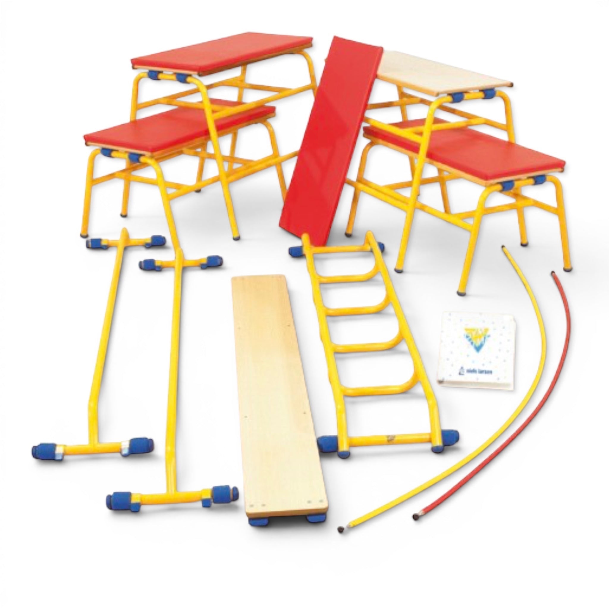 UK Gym Pits Gym Time Pack Mini featuring yellow trestles, red padded tops, timber planks, ladder, and hoops.