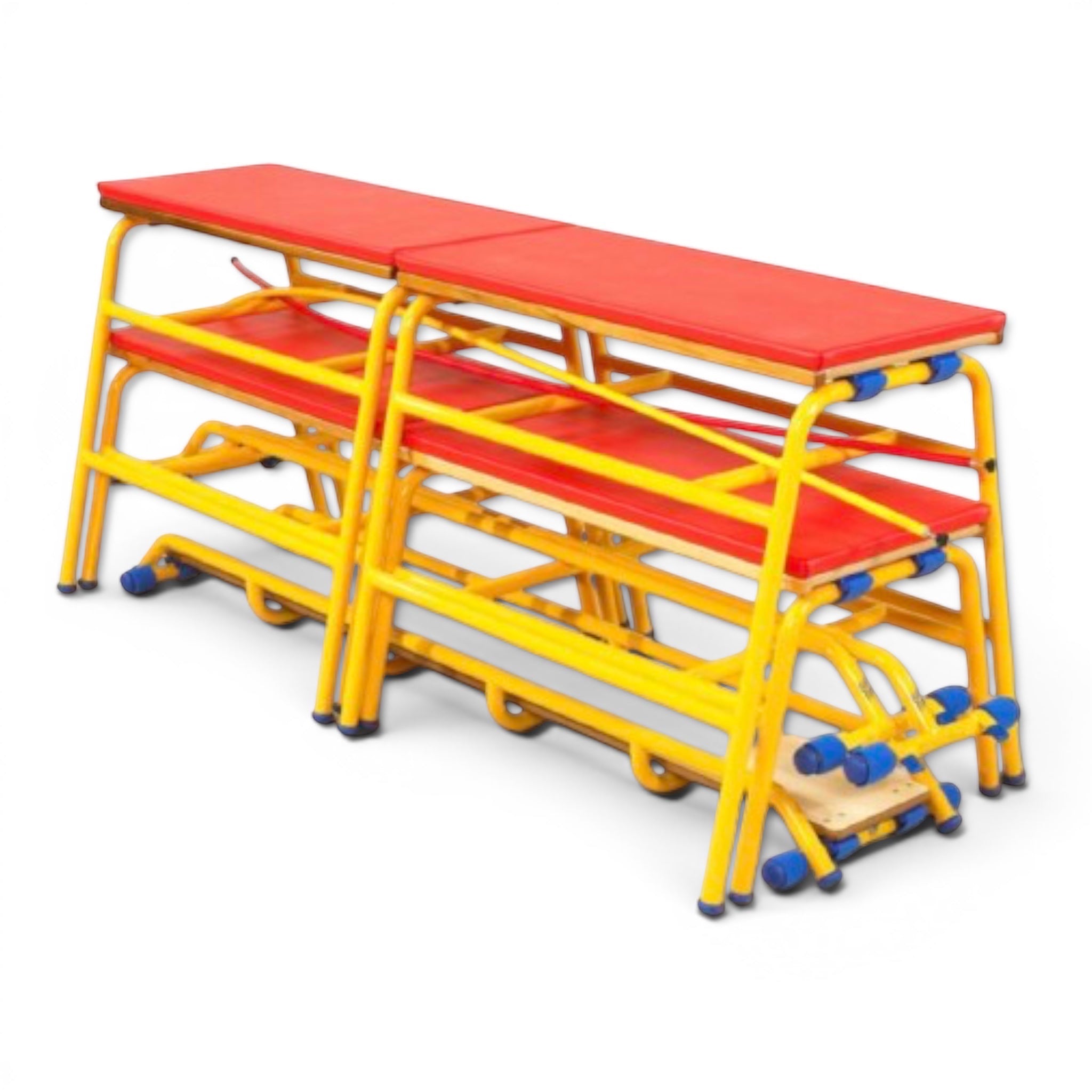 UK Gym Pits Gym Time Pack Mini featuring yellow metal trestles with red padded tops and timber finish tops