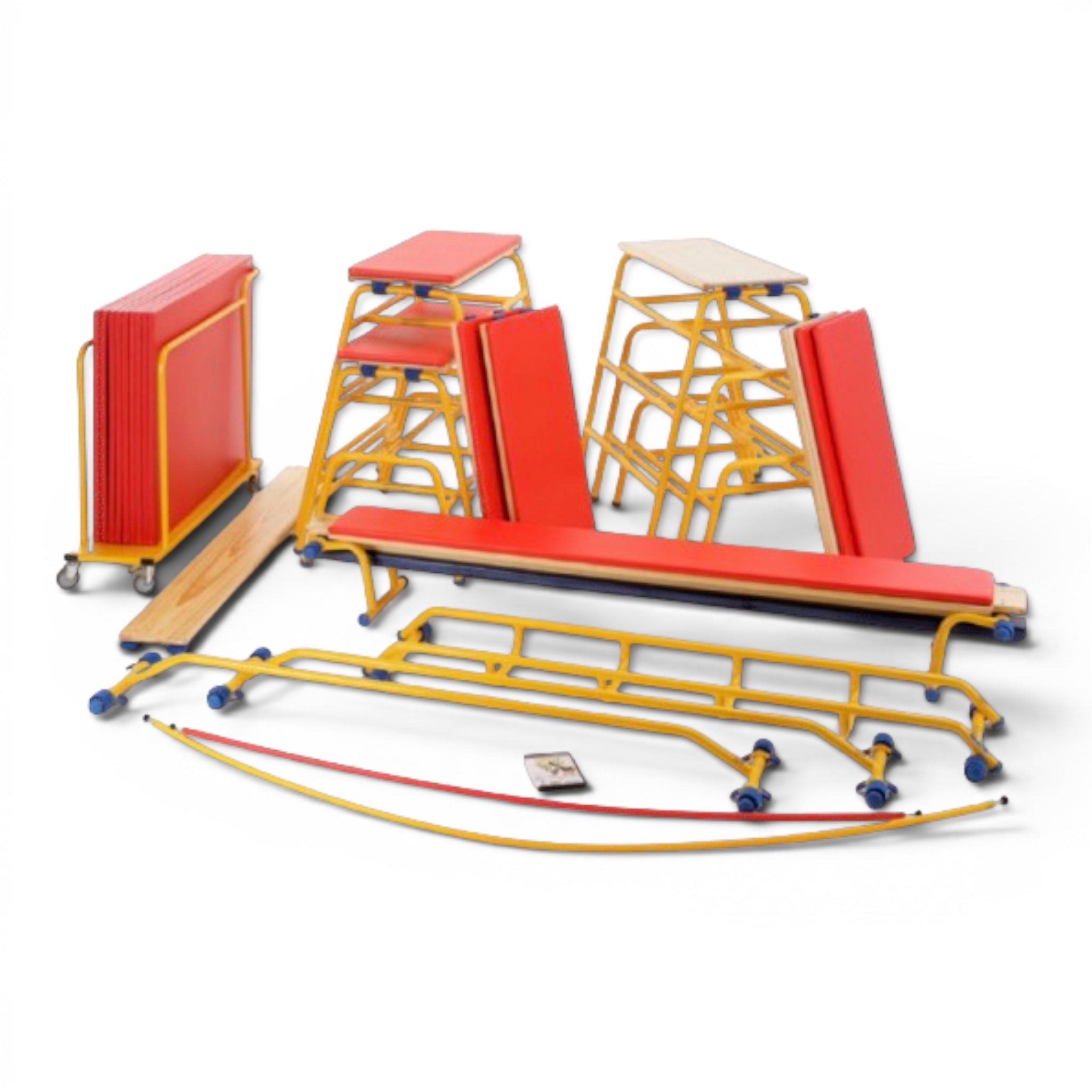 UK Gym Pits Gym Time Pack full set with yellow trestles, red padded tops, balance bench, and storage trolley.